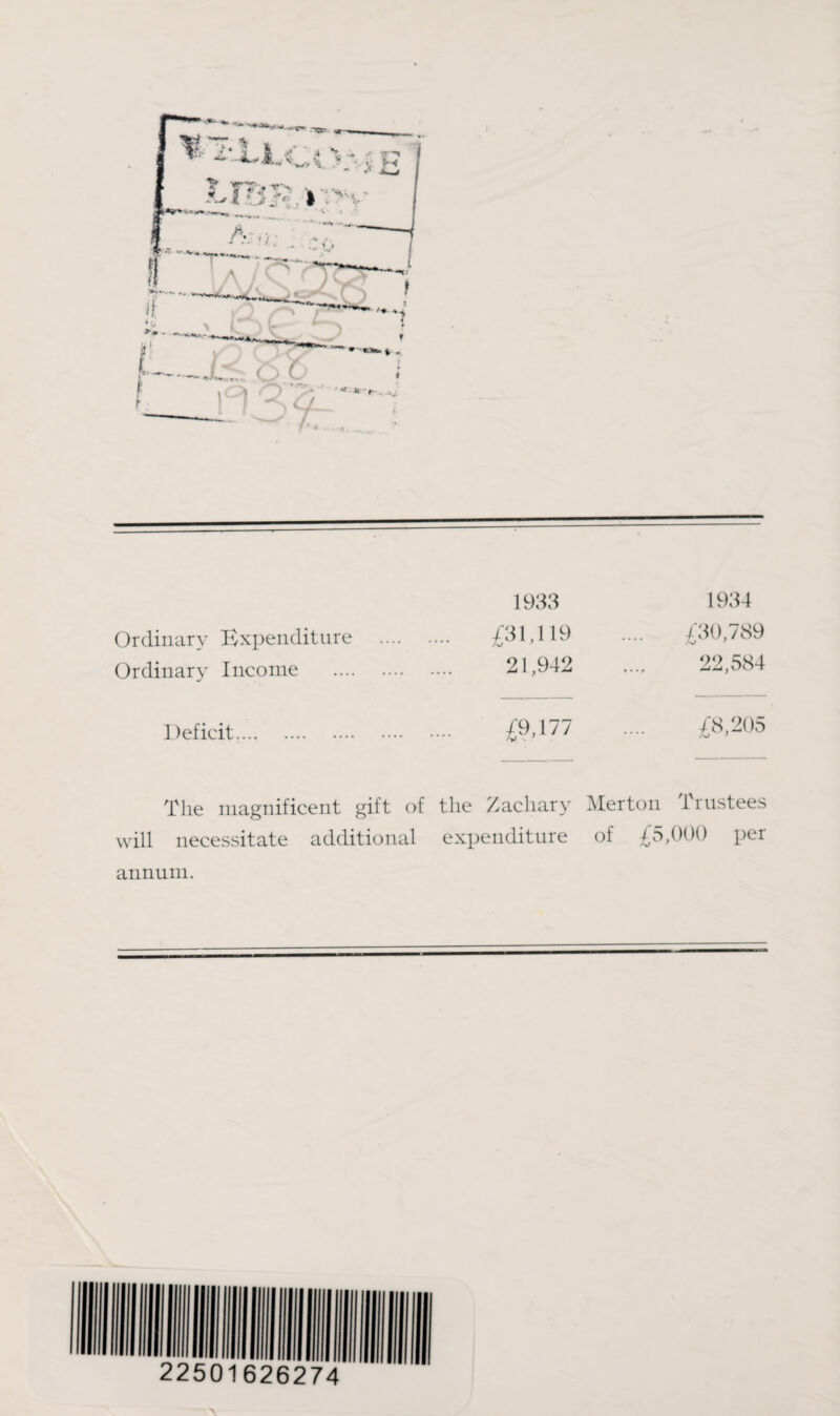 Ordinary Expenditure .... Ordinary Income . 1933 .... £31,119 21,942 1934 430,789 22,584 Deficit.. £9,177 . £8,205 The magnificent gift of the Zachary Merton Trustees will necessitate additional expenditure of £5,000 per annum.