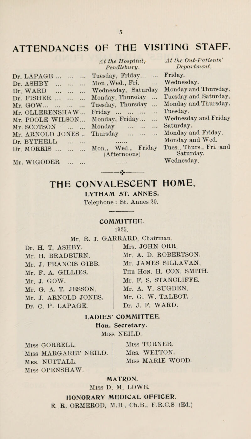 attendances of the visiting staff. Dr. LAPAGE. Dr. ASHBY . Dr. WARD . Dr. FISHER. Mr. GOW. Mr. OLLERENSHAW Mr. POOLE WILSON Mr. SCOTSON Mr. ARNOLD JONES Dr. BYTHELL Dr. MORRIS . Mr. W1GODER ... At the Hospital, Pendlebury. Tuesday, Friday. Mon.,Wed., Fri. Wednesday, Saturday Monday, Thursday ... Tuesday, Thursday ... Friday . Monday, Friday. Monday . Thursday . Mon., Wed., Friday (Afternoons) At the Out-Patients' Department. Friday. Wednesday. Monday and Thursday. Tuesday and Saturday. Monday and Thursday. Tuesday. Wednesday and Friday Saturday. Monday and Friday. Monday and Wed. Tues., Thurs., Fri. and Saturday. Wednesday. HOME, -- THE CONVALESCENT LYTHAM ST. ANNES. Telephone : St. Annes 20. COMMITTEE. 1035. Mr. R. J. GARRARD, Chairman. Dr. H. T. ASHBY. Mr. H. BRADBURN. Mr. J. FRANCIS GIBB. Mr. F. A. GILLIES. Mr. J. GOW. Mr. G. A. T. JESSON. Mr. J. ARNOLD JONES. Dr. C. P. LAPAGE. Mrs. JOHN ORR. Mr. A. D. ROBERTSON. Mr. JAMES SILL AVAN, The Hon. H. CON. SMITH. Mr. F. S. STANCLIFFE. Mr. A. V. SUGDEN. Mr. G. W. TALBOT. Dr. J. F. WARD. LADIES’ COMMITTEE. Hon. Secretary. Miss NE1LD. Miss GORRELL. Miss MARGARET NEILD. Mrs. NUTTALL. Miss OPENSHAW. Miss TURNER. Mrs. WETTON. Miss MARIE WOOD. MATRON. Miss D. M. LOWE. HONORARY MEDICAL OFFICER. E. R. ORMEROD, M.B., Ch.B., F R.C.S (Ed.)