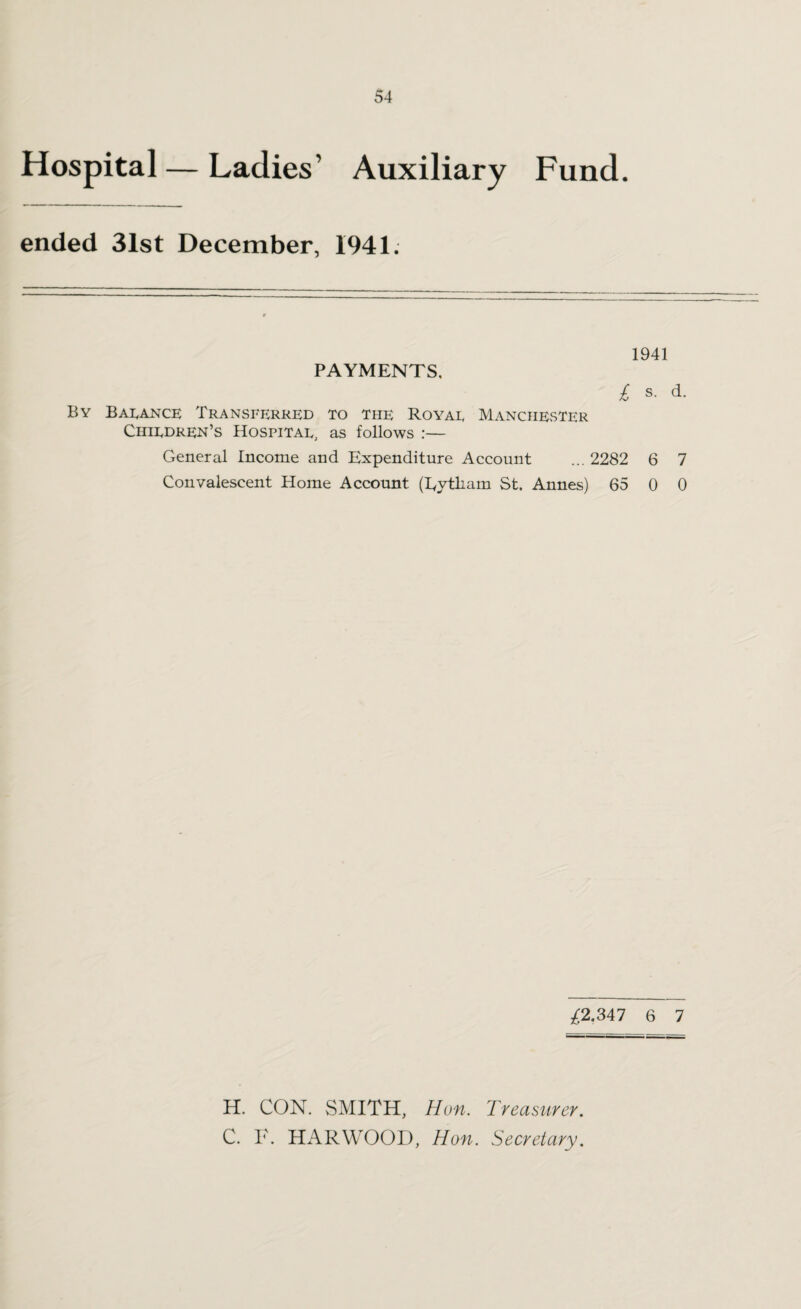 Hospital — Ladies’ Auxiliary Fund. ended 31st December, 1941. PAYMENTS. By Balance Transferred to the Royae Manchester Children’s Hospital, as follows :— 1941 £ s. d. General Income and Expenditure Account ... 2282 6 7 Convalescent Home Account (Eytliam St. Annes) 65 0 0 ^2.347 6 7 H. CON. SMITH, Hun. Treasurer. C. F. HARWOOD, Hon. Secretary.