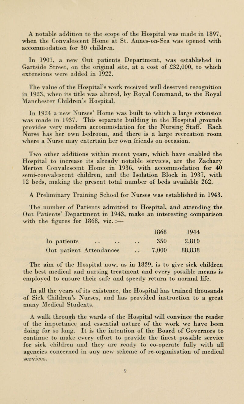 A notable addition to the scope of the Hospital was made in 1897, when the Convalescent Home at St. Annes-on-Sea was opened with accommodation for 30 children. In 1907, a new Out patients Department, was established in Gartside Street, on the original site, at a cost of £32,000, to which extensions were added in 1922. The value of the Hospital’s work received well deserved recognition in 1923, when its title was altered, by Royal Command, to the Royal Manchester Children’s Hospital. In 1924 a new Nurses’ Home was built to which a large extension was made in 1937. This separate building in the Hospital grounds provides very modem accommodation for the Nursing Staff. Each Nurse has her own bedroom, and there is a large recreation room where a Nurse may entertain her own friends on occasion. Two other additions within recent years, which have enabled the Hospital to increase its already notable services, are the Zachary Merton Convalescent Home in 1936, with accommodation for 40 semi-convalescent children, and the Isolation Block in 1937, with 12 beds, making the present total number of beds available 262. A Preliminary Training School for Nurses was established in 1943. The number of Patients admitted to Hospital, and attending the Out Patients’ Department in 1943, make an interesting comparison with the figures for 1868, viz. :— 1868 1944 In patients . . .. .. 350 2,810 Out patient Attendances .. 7,000 88,838 The aim of the Hospital now, as in 1829, is to give sick children the best medical and nursing treatment and every possible means is employed to ensure their safe and speedy return to normal life. In all the years of its existence, the Hospital has trained thousands of Sick Children’s Nurses, and has provided instruction to a great many Medical Students. A walk through the wards of the Hospital will convince the reader of the importance and essential nature of the work we have been doing for so long. It is the intention of the Board of Governors to continue to make every effort to provide the finest possible service for sick children and they are ready to co-operate fully with all agencies concerned in any new scheme of re-organisation of medical services.