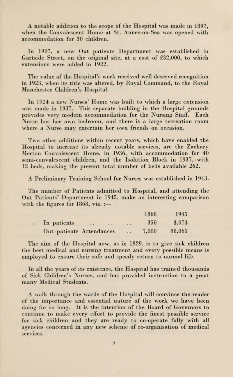 A notable addition to the scope of the Hospital was made in 1897, when the Convalescent Home at St. Annes-on-Sea was opened with accommodation for 30 children. In 1907, a new Out patients Department was established in Gartside Street, on the original site, at a cost of £32,000, to which extensions were added in 1922. The value of the Hospital’s work received well deserved recognition in 1923, when its title was altered, by Royal Command, to the Royal Manchester Children’s Hospital. In 1924 a new Nurses’ Home was built to which a large extension was made in 1937. This separate building in the Hospital grounds provides very modern accommodation for the Nursing Staff. Each Nurse has her own bedroom, and there is a large recreation room where a Nurse may entertain her own friends on occasion. Two other additions within recent years, which have enabled the Hospital to increase its already notable services, are the Zachary Merton Convalescent Home, in 1936, with accommodation for 40 semi-convalescent children, and the Isolation Block in 1937, with 12 beds, making the present total number of beds available 262. A Preliminary Training School for Nurses was established in 1943. The number of Patients admitted to Hospital, and attending the Out Patients’ Department in 1945, make an interesting comparison with the figures for 1868, viz. :— 1868 1945 In patients . . . . . . 350 3,074 Out patients Attendances . . 7,000 88,065 The aim of the Hospital now, as in 1829, is to give sick children the best medical and nursing treatment and every possible means is employed to ensure their safe and speedy return to normal life. In all the years of its existence, the Hospital has trained thousands of Sick Children’s Nurses, and has provided instruction to a great many Medical Students. A walk through the wards of the Hospital will convince the reader of the importance and essential nature of the work we have been doing for so long. It is the intention of the Board of Governors to continue to make every effort to provide the finest possible service for sick children and they are ready to co-operate fully with all agencies concerned in any new scheme of re-organisation of medical services.
