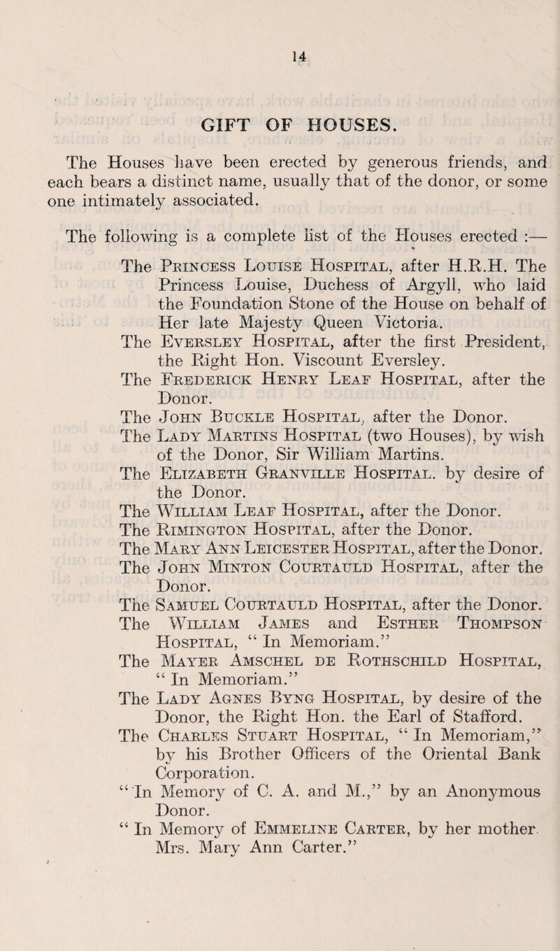 GIFT OF HOUSES. The Houses have been erected by generous friends, and each bears a distinct name, usualty that of the donor, or some one intimately associated. The following is a complete list of the Houses erected :— % The Princess Louise Hospital, after H.R.H. The Princess Louise, Duchess of Argyll, who laid the Foundation Stone of the House on behalf of Her late Majesty Queen Victoria. The Eversley Hospital, after the first President, the Right Hon. Viscount Eversley. The Frederick Henry Leaf Hospital, after the Donor. The John Buckle Hospital, after the Donor. The Lady Martins Hospital (two Houses), by wish of the Donor, Sir William Martins. The Elizabeth Granville Hospital, by desire of the Donor. The William Leaf Hospital, after the Donor. The Rimington Hospital, after the Donor. The Mary Ann Leicester Hospital, after the Donor. The John Minton Courtauld Hospital, after the Donor. The Samuel Courtauld Hospital, after the Donor. The William James and Esther Thompson Hospital, “ In Memoriam.” The Mayer Amschel de Rothschild Hospital, “ In Memoriam.” The Lady Agnes Byng Hospital, by desire of the Donor, the Right Hon. the Earl of Stafford. The Charles Stuart Hospital, “ In Memoriam,” by his Brother Officers of the Oriental Bank Corporation. “ In Memory of C. A. and M.,” by an Anonymous Donor. “ In Memory of Emmeline Carter, by her mother Mrs. Mary Ann Carter.”