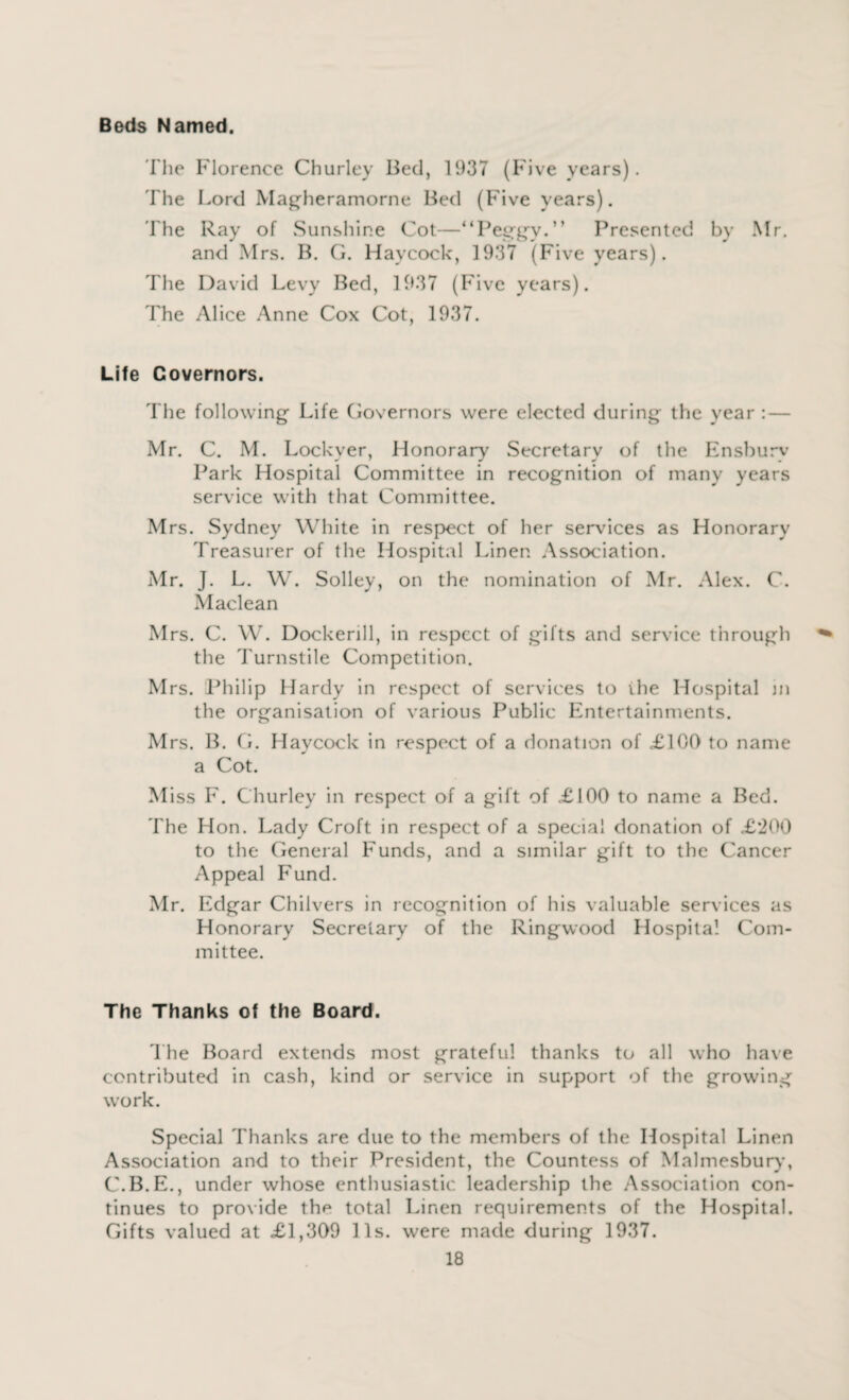 Beds Named. The Florence Churley Bed, 1937 (Five years). The Lord Magheramorne Bed (Five years). The Ray of Sunshine Cot—“Peggy.” Presented by Mr. and Mrs. B. G. Haycock, 1937 (Five years). The David Levy Bed, 1937 (Five years). The Alice Anne Cox Cot, 1937. Life Governors. The following Life Governors were elected during the year : — Mr. C. M. Lockyer, Honorary Secretary of the Ensburv Park Hospital Committee in recognition of many years service with that Committee. Mrs. Sydney White in respect of her services as Honorary Treasurer of the Hospital Linen Association. Mr. J. L. W. Solley, on the nomination of Mr. Alex. C. Maclean Mrs. C. W. Dockerill, in respect of gifts and service through the Turnstile Competition. Mrs. Philip Hardy in respect of services to the Hospital in the organisation of various Public Entertainments. Mrs. B. G. Haycock in respect of a donation of £100 to name a Cot. Miss F. Churley in respect of a gift of £100 to name a Bed. The Hon. Lady Croft in respect of a special donation of £’200 to the General Funds, and a similar gift to the Cancer Appeal Fund. Mr. Edgar Chilvers in recognition of his valuable services as Honorary Secretary of the Ringwood Hospital Com¬ mittee. The Thanks of the Board. The Board extends most grateful thanks to all who have contributed in cash, kind or service in support of the growing work. Special Thanks are due to the members of the Hospital Linen Association and to their President, the Countess of Malmesbury, C.B.E., under whose enthusiastic leadership the Association con¬ tinues to provide the total Linen requirements of the Hospital. Gifts valued at £1,309 11s. were made during 1937.