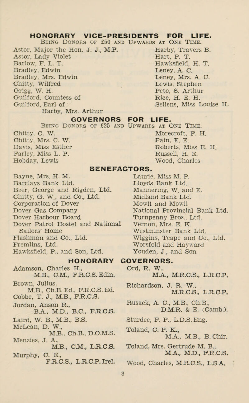 HONORARY VICE-PRESIDENTS FOR LIFE. Being Donors of £50 and Upwards at One Time. Astor, Major the Hon. J. J., M.P. As tor, Lady Violet Barlow, F. L. T. Bradley, Edwin Bradley. Mrs. Edwin •Chitty, Wilfred Grigg, W. H. ■Guilford, Countess of Guilford, Earl of Harby, Mi’s. Arthur Harby, Travers B. Hart, P. T. Hawksfield, H. T. Leney, A. C. Leney, Mrs. A. C. Lewis, Stephen Peto, S. Arthur Rice, H. E. H. Sellens, Miss Louise H. FOR LIFE. GOVERNORS Being Donors of £25 and Upwards at One Time. Chitty, C. W. Chitty, Mrs. C. W. Davis, Miss Esther Farley, Miss L. P. Hobday, Lewis Morecroft, F. H. Pain, E. E. Roberts, Miss E. H. Russell, H. E. Wood, Charles BENEFACTORS. Bayne, Mrs. H. M. Barclays Bank Ltd. Beer, George and Rigden, Ltd. Chitty, G. W., and Co., Ltd. Corporation of Dover Dover Gas Company Dover Harbour Board Dover Patrol Hostel and National Sailors’ Home Flashman and Co., Ltd. Fremlins, Ltd. Hawksfield, P., and Son, Ltd. Laurie, Miss M. P. Lloyds Bank Ltd. Mannering, W. and E. Midland Bank Ltd. Mowll and Mowll National Provincial Bank Ltd. Turnpenny Bros., Ltd. Vernon, Mrs. E. K. Westminster Bank Ltd. Wiggins, Teape and Co., Ltd. Worsfold and Hayward Youden, J., and Son HONORARY Adamson, Charles H., M.B., C.M., F.R.C.S. Edin. Brown, Julius, M.B., Ch.B.Ed., F.R.C.S. Ed. Cobbe, T. J., M.B., F.R.C.S. Jordan, Anson R., B.A., M.D., B.C., F.R.C.S. Laird, W. B., M.B., B.S. McLean, D. W., M.B., Ch.B., D.O.M.S. Menzies, J. A., M.B., C.M., L.R.C.S. Murphy, C. E., F.R.C.S., L.R.C.P. Irel. GOVERNORS. Ord, R. W., M.A., M.R.C.S., L.R.C.P. Richardson, J. R. W., M.R.C.S., L.R.C.P. Rusack, A. C., M.B., Ch.B., D.M.R. & E. (Camb.). Sturdee, F. P., L.D.S. Eng. Toland, C. P. K., M.A., M.B., B. Chir. Toland, Mrs. Gertrude M. B., M.A., M.D., F.R.C.S. Wood, Charles, M.R.C.S., L.S.A.