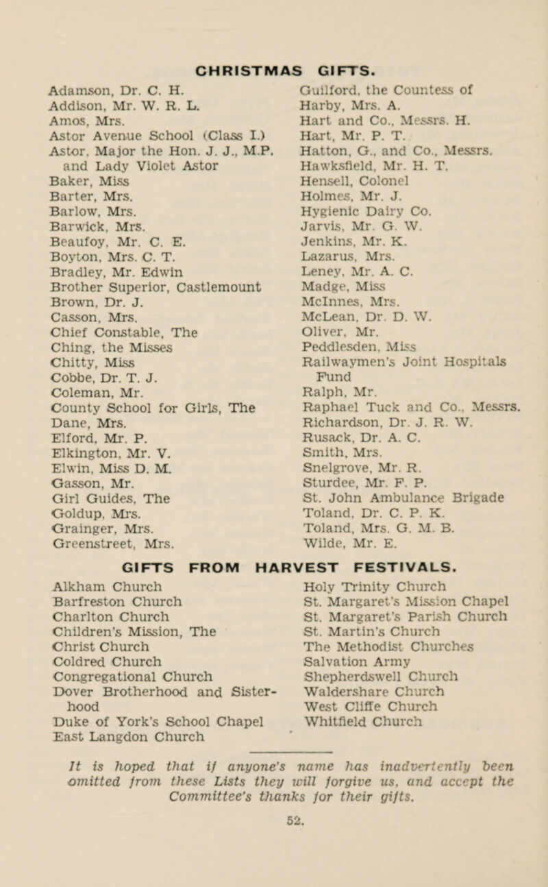 CHRISTMAS GIFTS Adamson, Dr. C. H. Addison, Mr. W. R. L. Amos, Mrs. Astor Avenue School (Class I.) Astor, Major the Hon. J. J., M.P. and Lady Violet Astor Baker, Miss Barter, Mrs. Barlow, Mrs. Barwick, Mrs. Beaufoy, Mr. C. E. Boyton, Mrs. C. T. Bradley, Mr. Edwin Brother Superior, Castlemount Brown, Dr. J. Casson, Mrs. Chief Constable, The Ching, the Misses Chitty, Miss Cobbe, Dr. T. J. Coleman, Mr. County School for Girls, The Dane, Mrs. Elford, Mr. P. Elkington, Mr. V. Elwin, Miss D. M. Gasson, Mr. Girl Guides, The Goldup, Mrs. Grainger, Mrs. Greenstreet, Mrs. Guilford, the Countess of Harby, Mrs. A. Hart and Co., Messrs. H. Hart, Mr. P. T. Hatton, G.. and Co., Messrs. Hawksfield, Mr. H. T. Hensell, Colonel Holmes, Mr. J. Hygienic Dairy Co. Jarvis, Mr. G. W. Jenkins, Mr. K. Lazarus. Mrs. Leney, Mr. A. C. Madge, Miss Mclnnes, Mrs. McLean, Dr. D. W. Oliver, Mr. Peddlesden. Miss Railwaymen’s Joint Hospitals Fund Ralph, Mr. Raphael Tuck and Co.. Messrs. Richardson, Dr. J. R. W. Rusack, Dr. A. C. Smith, Mrs. Snelgrove, Mr. R. Sturdee, Mr. F. P. St. John Ambulance Brigade Toland, Dr. C. P. K. Toland, Mrs. G. M. B. Wilde, Mr. E. GIFTS FROM HARVEST FESTIVALS Alkham Church Barfreston Church Charlton Church Children’s Mission, The Christ Church Coldred Church Congregational Church Dover Brotherhood and Sister hood Duke of York’s School Chapel East Langdon Church Holy Trinity Church St. Margaret's Mission Chapel St. Margaret’s Parish Church St. Martin’s Church The Methodist Churches Salvation Army Shepherdswell Church Waldershare Church West Cliffe Church Whitfield Church It is hoped that if anyone’s name has inadvertently been emitted from these Lists they ivill forgive us, and accept the Committee’s thanks for their gifts.