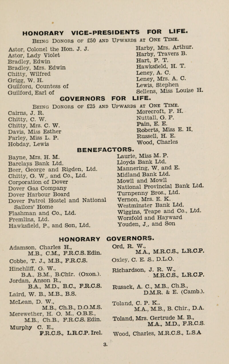 HONORARY VICE-PRESIDENTS FOR LIFE. Being Donors of £50 and Upwards at One Time. Astor, Colonel the Hon. J. J. Astor, Lady Violet Bradley, Edwin Bradley, Mrs. Edwin Chitty, Wilfred Grigg, W. H. Guilford, Countess of Guilford, Earl of GOVERNORS Harby, Mrs. Arthur. Harby, Travers B. Hart, P. T. Hawksfield, H. T. Leney, A. C. Leney, Mrs. A. C. Lewis, Stephen Sellens, Miss Louise H. FOR LIFE. Being Donors of £25 and Upwards at One Time. Cairns, J. R. Morecroft, P. H. Chitty, C. W. Chitty, Mrs. C. W. Davis, Miss Esther Parley, Miss L. P. Hobday, Lewis Nuttall, G. P. Pain, E. E. Roberts, Miss E. H. Russell, H. E. Wood, Charles BENEFACTORS. Bayne, Mrs. H. M. Barclays Bank Ltd. Beer, George and Rigden, Ltd. Chitty, G. W., and Co., Ltd. Corporation of Dover Dover Gas Company Dover Harbour Board Dover Patrol Hostel and National Sailors’ Home Flashman and Co., Ltd. Fremlins, Ltd. Hawksfield, P., and Son, Ltd. Laurie, Miss M. P. Lloyds Bank Ltd. Mannering, W. and E. Midland Bank Ltd. Mowll and Mowll National Provincial Bank Ltd. Turnpenny Bros., Ltd. Vernon, Mrs. E. K. Westminster Bank Ltd. Wiggins, Teape and Co., Ltd. Worsfold and Hayward Youden, J., and Son HONORARY Adamson, Charles H., M.B., C.M., F.R.C.S. Edin. Cobbe, T. J., M.B., F.R.C.S. Hinchliff, G. W., BA., B.M., B.Chir. (Oxon.). Jordan, Anson R., B.A., M.D., B.C., F.R.C.S. Laird, W. B., M.B., B.S. McLean, D. W., M.B., Ch.B., D.O.M.S. Merewether, H. O. M., O.B.E., M.B., Ch.B., F.R.C.S. Edin. Murphy C. E., F.R.C.S., L.R.C.P. Irel. GOVERNORS. Ord, R. W., M.A., M.R.C.S., L.R.C.P. Oxley, C. E. S., D.L.O. Richardson, J. R. W., M.R.C.S., L.R.C.P. Rusack, A. C., M.B., Ch.B., D.M.R. & E. (Camb.). Toland, C. P. K.. M.A., M.B., B. Chir., D.A. Toland, Mrs. Gertrude M. B., M.A., M.D., P.R.C.S. Wood, Charles, M.R.C.S., L.S.A