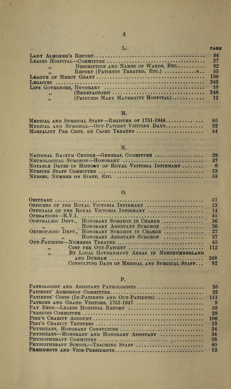 L. PAGE Lady Almoner’s Report.... 54 Leazes Hospital—Committee ....,. 27 „ Description and Names of Wards, Etc. 82 „ Report (Patients Treated, Etc.) .% .. 55 League of Mercy Grant. 150 Legacies . 243 Life Governors, Honorary . 10 „ (Benefactors). 246 „ (Princess Mary Maternity Hospital). 12 , M. Medical and Surgical Staff—Register of 1751-1948. 85 Medical and Surgical—Out-Patient Visiting Days. 92 Mortality Per Cent, on Cases Treated. 44 N. National Radium Centre—General Committee . 29 Neurological Surgeon—Honorary . 37 Notable Dates in History of Royal Victoria Infirmary. 6 Nursing Staff Committee. 23 Nurses, Number on Staff, Etc. 53 0. Obituary. 57 Officers of the Royal Victoria Infirmary . 13 Officials of the Royal Victoria Infirmary. 14 Operations—R.V.1. 45 Ophthalmic Dept., Honorary Surgeon in Charge . 36 „ „ Honorary Assistant Surgeon . 36 Orthopaedic Dept., Honorary Surgeon in Charge. 37 „ „ Honorary Assistant Surgeon . 37 Out-Patients—Numbers Treated. 45 „ Cost per Out-Patient. 112 „ By Local Government Areas in Northumberland and Durham. 248 Consulting Days of Medical and Surgical Staff. .. 92 P. Pathologist and Assistant Pathologists. 35 Patients’ Admission Committee. 22 Patients’ Costs (In-Patients and Out-Patients). Ill Patrons and Grand Visitors, 1751-1947 . 9 Pay Beds—Leazes Hospital Report .. 55 Pensions Committee. 28 Pigg’s Charity Account. 106 Pigg’s Charity Trustees. 13 Physicians, Honorary Consulting. 34 Physicians—Honorary and Honorary Assistant . 34 Physiotherapy Committee. 26 Physiotherapy School—Teaching Staff. 40 Presidents and Vice-Presidents. 13