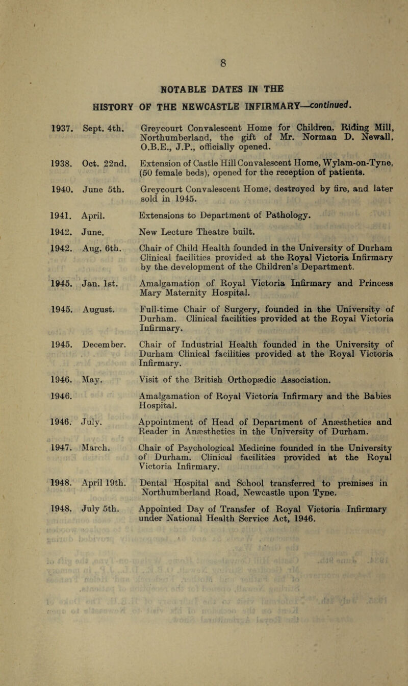 NOTABLE DATES IN THE HISTORY OF THE NEWCASTLE INFIRMARY—continued. 1937. Sept. 4th. 1938. Oct. 22nd. 1940. June 5th. 1941. April. 1942. June. 1942. Aug. 6th. 1945. Jan. 1st. 1945. August. 1945. December. » « ' * 1946. May. 1946. 1946. July. 1947. March. 1948. April 19th. 1948. July 5th. Greycourt Convalescent Home for Children, Riding Mill, Northumberland, the gift of Mr. Norman D. Newall, O.B.E., J.P., officially opened. Extension of Castle Hill Convalescent Home, Wyiam-on-Tvne. (50 female beds), opened for the reception of patients. Greycourt Convalescent Home, destroyed by fire, and later sold in 1945. Extensions to Department of Pathology. New Lecture Theatre built. Chair of Child Health founded in the University of Durham Clinical facilities provided at the Royal Victoria Infirmary by the development of the Children’s Department. Amalgamation of Royal Victoria Infirmary and Princess Mary Maternity Hospital. Full-time Chair of Surgery, founded in the University of Durham. Clinical facilities provided at the Royal Victoria Infirmary. Chair of Industrial Health founded in the University of Durham Clinical facilities provided at the Royal Victoria Infirmary. Visit of the British Orthopaedic Association. Amalgamation of Royal Victoria Infirmary and the Babies Hospital. Appointment of Head of Department of Anaesthetics and Reader in Anaesthetics in the Universitv of Durham. %/ Chair of Psychological Medicine founded in the University of Durham. Clinical facilities provided at the Royal Victoria Infirmary. Dental Hospital and School transferred to premises in Northumberland Road, Newcastle upon Tyne. Appointed Day of Transfer of Royal Victoria Infirmary under National Health Service Act, 1946.