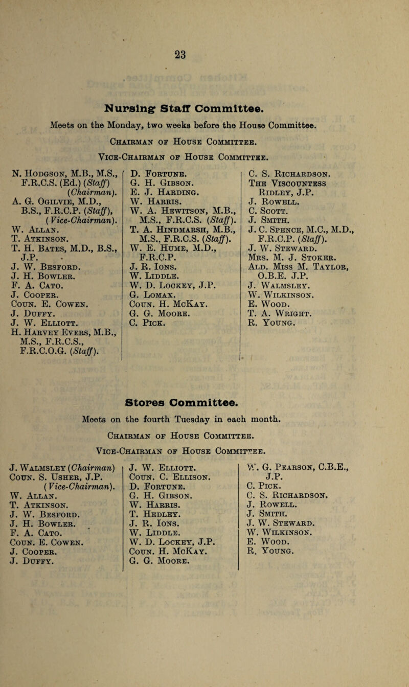 Nursing: Staff Committee. Meets on the Monday, two weeks before the House Committee. Chairman of House Committee. Vice-Chairman of House Committee. N. Hodgson, M.B., M.S., F.R.C.S. (Ed.) (Staff) (Chairman). A. G. Ogilvie, M.D., B.S., F.R.C.P. (Staff), (Vice-Chairman). W. Allan. T. Atkinson. T. H. Bates, M.D., B.S., J.P. J. W. Besford. J. H. Bowler. F. A. Cato. J. Cooper. Coun. E. Cowen. J. Duffy. J. W. Elliott. H. Harvey Evers, M.B., M.S., F.R.C.S., F.R.C.O.G. (Staff). D. Fortune. G. H. Gibson. E. J. Harding. W. Harris. W. A. Hewitson, M.B., M.S., F.R.C.S. (Staff). T. A. Hindmarsh, M.B., M.S., F.R.C.S. (Staff). W. E. Hume, M.D., F.R.C.P. J. R. Ions. W. Liddle. W. D. Lockey, J.P. G. Lomax. Coun. H. McKay. G. G. Moore. C. Pick. C. S. Richardson. The Viscountess Ridley, J.P. J. Rowell. C. Scott. J. Smith. J. C. Spence, M.C., M.D., F.R.C.P. (Staff). J. W. Steward. Mrs. M. J. Stoker. Ald. Miss M. Taylor, O.B.E. J.P. J. Walmsley. W. Wilkinson. E. Wood. T. A. Wright. R. Young. Stores Committee. Meets on the fourth Tuesday in each month. Chairman of House Committee. Vice-Chairman of House Committee. J. Walmsley (Chairman) Coun. S. Usher, J.P. (Vice-Chairman). W. Allan. T. Atkinson. J. W. Besford. J. H. Bowler. F. A. Cato. Coun. E. Cowen. J. Duffy. J. W. Elliott. Coun. C. Ellison. D. Fortune. G. H. Gibson. W. Harris. T. Hedley. J. R. Ions. W. Liddle. W. D. Lockey, J.P. G. G. Moore. W. G. Pearson, C.B.E., J.P. C. Pick. C. S. Richardson. J. Rowell. J. Smith. J. W. Steward. W. Wilkinson. E. Wood.