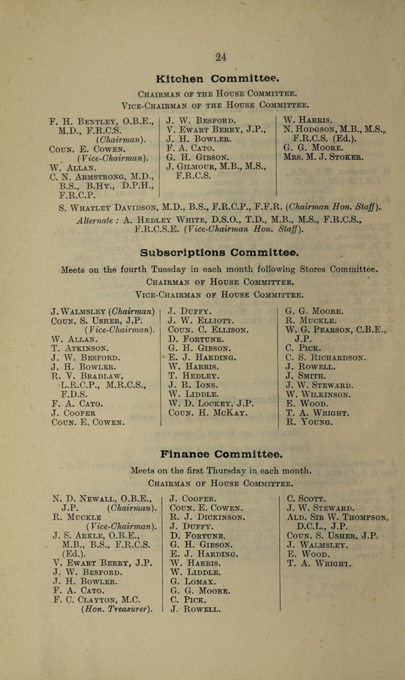 Kitchen Committee. Chairman of the House Committee. Vice-Chairman of the House Committee. F. H. Bentley, O.B.E., M.D., F.R.C/S. (Chairman). Coun. E. Cowen. (Vice-Chairman). W. Allan. C. N. Armstrong, M.D., B.S., B.Hy., D.P.H., F.R.C.P. J. W. Besford. V. Ewart Berry, J.P., J. H. Bowler. F. A. Cato. G. H. Gibson. J. Gilmour, M.B., M.S., F.R.C.S. W. Harris. N. Hodgson, M.B., M.S.„ F.R.C.S. (Ed.). G. G. Moore. Mrs. M. J. Stoker. S. Whatley Davidson, M.D., B.S., F.R.C.P., F.F.R. (Chairman Hon. Staff).. Alternate : A. Hedley White, D.S.O., T.D., M.B., M.S., F.R.C.S., F.R.C.S.E. (Vice-Chairman Hon. Staff). Subscriptions Committee. Meets on the fourth Tuesday in each month following Stores Committee. Chairman of House Committee. Vice-Chairman of House Committee. J. Walmsley (Chairman) Coun. S. Usher, J.P. (Vice-Chairman). W. Allan. T. Atkinson. J. W. Besford. J. H. Bowler. R. V. Bradlaw, L.R.C.P., M.R.C.S., F.D.S. F. A. Cato. J. Cooper Coun. E. Cowen. J. Duffy. J. W. Elliott. Coun. C. Ellison. D. Fortune. G. H. Gibson. E. J. Harding. W. Harris. T. Hedley. J. R. Ions. W. Liddle. W. D. Lockey, J.P. Coun. H. McKay. G. G. Moore. R. Muckle. W. G. Pearson, C.B.E.r J.P. C. Pick. C. S. Richardson. J. Rowell. J. Smith. J. W. Steward. W. Wilkinson. E. Wood. T. A. Wright. R. Young. Finance Committee. Meets on the first Thursday in oach month. Chairman of House Committee. N. D. New all, O.B.E., J.P. {Chairman). R. Muckle (Vice-Chairman). J. S. Arkle, O.B.E., M.B., B.S., F.R.C.S. (Ed.). V. Ewart Berry, J.P. J. W. Besford. J. H. Bowler. F. A. Cato. F. C. Clayton, M.C. (Hon. Treasurer). J. Cooper. Coun. E. Cowen. R. J. Dickinson. J. Duffy. D. Fortune. G. H. Gibson. E. J. Harding. W. Harris. W. Liddle. G. Lomax. G. G. Moore. C. Pick. J. Rowell. C. Scott. J. W. Steward. Ald. Sir W. Thompson,. D.C.L., J.P. Coun. S. Usher, J.P, J. Walmsley. E. Wood. T. A. Wright.