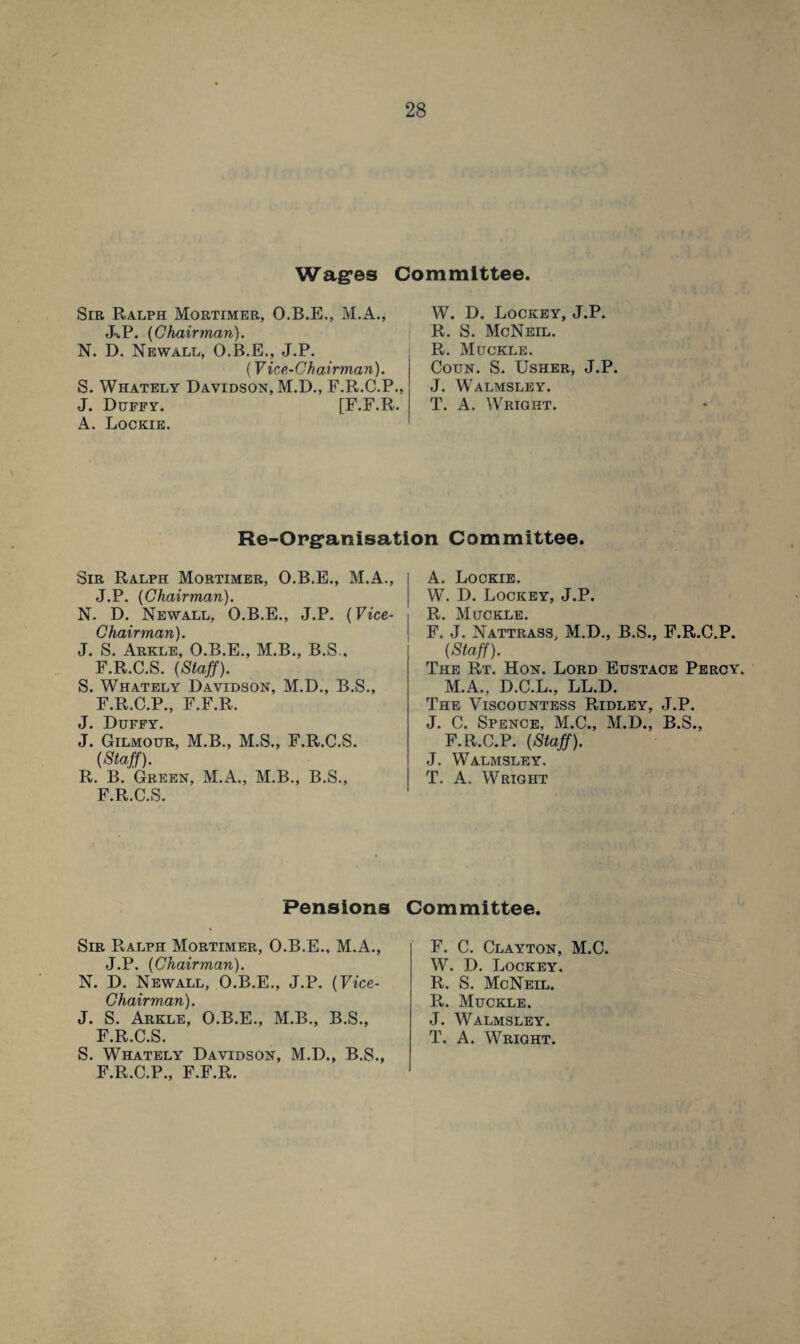 Wages Committee. Sir Ralph Mortimer, O.B.E., M.A., JVP. {Chairman). N. D. Newall, O.B.E., J.P. (Vice-Chairman). S. Whately Davidson, M.D., F.R.C.P., J. Duffy. [F.F.R. A. Lockie. W. D. Lockey, J.P. R. S. McNeil. R. Muckle. Coun. S. Usher, J.P. J. Walmsley. T. A. Wright. Re-Organisation Committee. Sir Ralph Mortimer, O.B.E., M.A., J.P. {Chairman). N. D. Newall, O.B.E., J.P. (Vice- Chairman). J. S. Arkle, O.B.E., M.B., B.S., F.R.C.S. {Staff). S. Whately Davidson, M.D., B.S., F.R.C.P., F.F.R. J. Duffy. J. Gilmour, M.B., M.S., F.R.C.S. (Staff). R. B. Green, M.A., M.B., B.S., F.R.C.S. Pensions Sir Ralph Mortimer, O.B.E., M.A., J.P. {Chairman). N. D. Newall, O.B.E., J.P. {Vice- Chairman). J. S. Arkle, O.B.E., M.B., B.S., S. Whately Davidson, M.D., B.S., F.R.C.P., F.F.R. A. Lockie. W. D. Lockey, J.P. R. Muckle. F. J. Nattrass, M.D., B.S., F.R.C.P. {Staff). The Rt. Hon. Lord Eustace Percy. M.A., D.C.L., LL.D. The Viscountess Ridley, J.P. J. C. Spence, M.C., M.D., B.S., F.R.C.P. {Staff). J. Walmsley. T. A. Wright Committee. F. C. Clayton, M.C. W. D. Lockey. R. S. McNeil. R. Muckle. J. Walmsley.