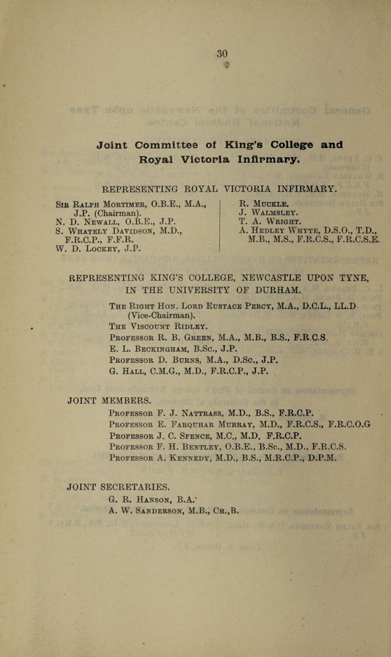 Joint Committee of King’s College and Royal Victoria Infirmary. REPRESENTING ROYAL Sib Ralph Mortimer, O.B.E., M.A., J.P. (Chairman). N. D. Newall, O.B.E., J.P. S. Whately Davidson, M.D., F.R.C.P., F.F.R. W. D. Lockey, J.P. VICTORIA INFIRMARY. R. Muckle. J. Walmsley. T. A. Wright. A. Hedley Whyte, D.S.O., T.D., M.B., M.S., F.R.C.S., F.R.C.S.E. REPRESENTING KING’S COLLEGE, NEWCASTLE UPON TYNE, IN THE UNIVERSITY OF DURHAM. The Right Hon. Lord Eustace Percy, M.A., D.C.L., LL.D (Vice-Chairman). The Viscount Ridley. Professor R. B. Green, M.A., M.B., B.S., F.R.C.S, E. L. Beckingham, B.Sc., J.P. Professor D. Burns, M.A., D.Sc., J.P. G. Hall, C.M.G., M.D., F.R.C.P., J.P. JOINT MEMBERS. Professor F. J. Nattrass, M.D., B.S., F.R.C.P. Professor E. Farquhar Murray, M.D., F.R.C.S., F.R.C.O.G Professor J. C. Spence, M.C., M.D. F.R.C.P. Professor F. H. Bentley, O.B.E., B.Sc., M.D., F.R.C.S. Professor A. Kennedy, M.D., B.S., M.R.C.P., D.P.M. JOINT SECRETARIES. G. R. Hanson, B.A.‘ A. W. Sanderson, M.B., Ch.,B.