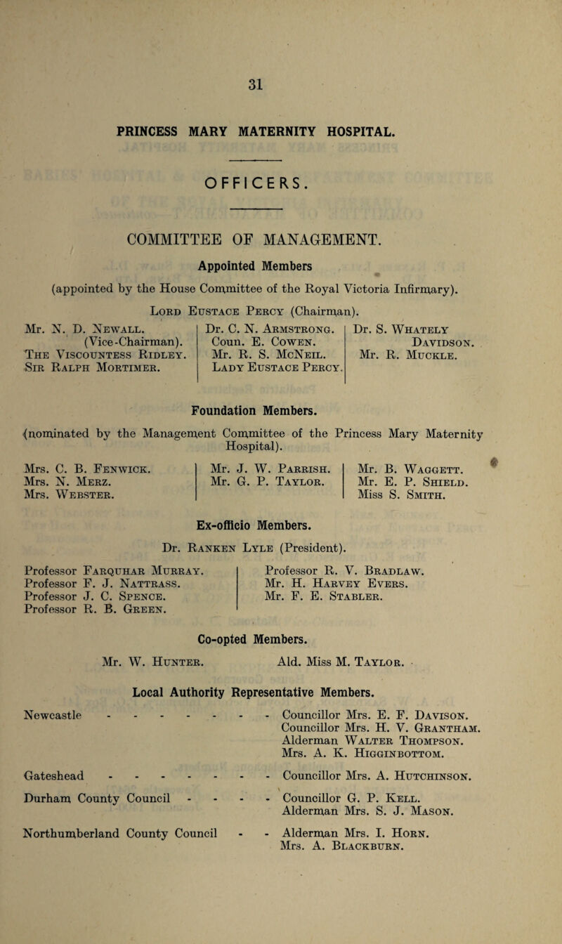 PRINCESS MARY MATERNITY HOSPITAL. OFFICERS. COMMITTEE OF MANAGEMENT. Appointed Members (appointed by the House Committee of the Royal Victoria Infirmary). Lord Eustace Percy (Chairman). Mr. N. D. Newall. (Vice - Chairman). The Viscountess Ridley. Sir Ralph Mortimer. Dr. C. N. Armstrong. Coun. E. Cowen. Mr. R. S. McNeil. Lady Eustace Percy. Dr. S. Whately Davidson. Mr. R. Muckle. Foundation Members. •(nominated by the Management Committee of the Princess Mary Maternity Hospital). Mrs. C. B. Fenwick. Mrs. N. Merz. Mrs. Webster. Mr. J. W. Parrish. Mr. G. P. Taylor. Mr. B. Waggett. Mr. E. P. Shield. Miss S. Smith. * Ex-officio Members. Dr. Ranken Lyle (President). Professor Farquhar Murray. Professor F. J. Nattrass. Professor J. C. Spence. Professor R. B. Green. Professor R. V. Bradlaw. Mr. H. Harvey Evers. Mr. F. E. Stabler. Co-opted Members. Mr. W. Hunter. Aid. Miss M. Taylor. Local Authority Representative Members. Newcastle. Gateshead. Durham County Council Northumberland County Council - Councillor Mrs. E. F. Davison. Councillor Mrs. H. V. Grantham. Alderman Walter Thompson. Mrs. A. K. Higginbottom. - Councillor Mrs. A. Hutchinson. \ - Councillor G. P. Kell. Alderman Mrs. S. J. Mason. - Alderman Mrs. I. Horn. Mrs. A. Blackburn.