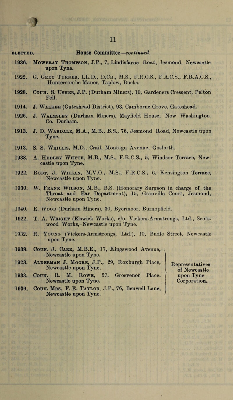 ) 11 elected. House Committee—continued 1936. Mowbray Thompson, J.P., 7, Lindisfarne Road, .Jesmond, Newcastle upon Tyne. 1922. G. Grey Turner, LL.D., D.Ch., M.S., F.R.C.S., F.A.C.S., F.R.A.C.S., Huntercombe Manor, Taplow, Bucks. 1928. Coun. S. Usher, J.P. (Durham Miners), 10, Gardeners Crescent, Pelton Fell. 1914. J. Walker (Gateshead District), 93, Camborne Grove, Gateshead. 1926. J. Walmsley (Durham Miners), Mayfield House, New Washington. Co. Durham. 1913. 1913. 1938. 1922. 1930. 1940. 1922. 1932. 1938. 1923. 1933. 1936. J. D. Ward ale, M.A., M.B., B.S., 76, Jesmond Road, Newcastle upon Tyne. S. S. Whillis, M.D., Crail, Montagu Avenue, Gosforth. A. Hedley Whyte, M.B., M.S., F.R.C.S., 5, Windsor Terrace, New¬ castle upon Tyne. Robt. J. Willan, M.V.O., M.S., F.R.C.S., 6, Kensington Terrace, Newcastle upon Tyne. W. Frank Wilson, M.B., B.S. (Honorary Surgeon in charge of the Throat and Ear Department), 15, Granville Court, Jesmond, Newcastle upon Tyne. E. Wood (Durham Miners), 30, Byermoor, Burnopfield. T. A. Wright (Elswick Works), c/o. Vickers-Armstrongs, Ltd., Scots- wood Works, Newcastle upon Tyne. R. Young (Vickers-Armstrongs, Ltd.), 10, Budle Street, Newcastle upon Tyne. Coun. J. Carr, M.B.E., 17, Kingswood Avenue, , Newcastle upon Tyne. Alderman J. Moore, J.P., 29, Roxburgh Place, Newcastle upon Tyne. Coun. R. M. Rowe, 57, Grosvenor Place, Newcastle upon Tyne. Coun. Mrs. F. E. Taylor, J.P., 76, Benwell Lane, Newcastle upon Tyne. ' Represe n tati ves of Newcastle upon Tyne Corporation.
