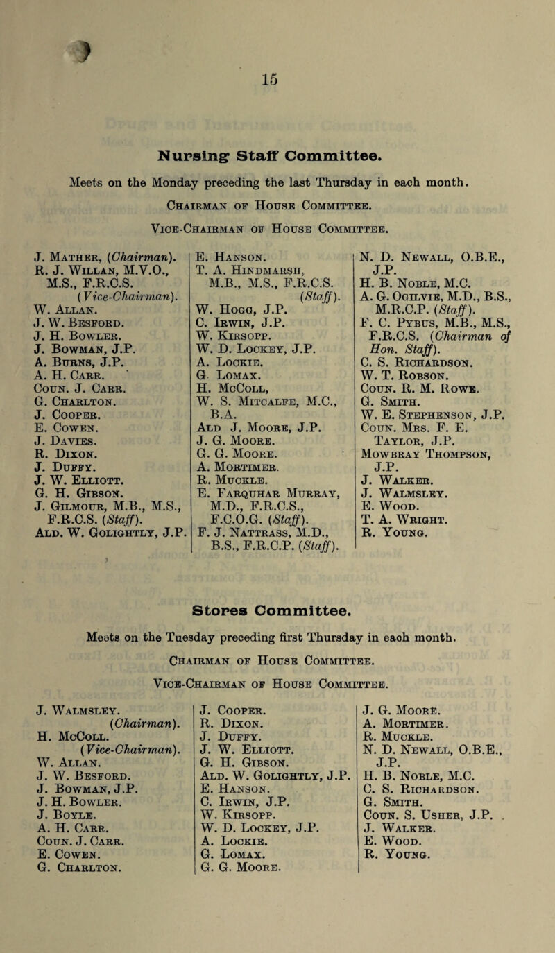 ) 15 Nursing Staff Committee. Meets on the Monday preceding the last Thursday in each month. Chairman of House Committee. Vice-Chairman of House Committee. J. Mather, {Chairman). R. J. WlLLAN, M.V.O., M.S., F.R.C.S. (Vice-Chairman). W. Allan. J. W. Besford. J. H. Bowler. J. Bowman, J.P. A. Burns, J.P. A. H. Carr. Coun. J. Carr. G. Charlton. J. Cooper. E. Cowen. J. Davies. R. Dixon. J. Duffy. J. W. Elliott. G. H. Gibson. J. Gilmour, M.B., M.S., F.R.C.S. (Staff). Ald. W. Golightly, J.P. E. Hanson. T. A. Hindmarsh, M.B., M.S., F.R.C.S. (Staff). W. Hogg, J.P. C. Irwin, J.P. W. Kirsopp. W. D. Lockey, J.P. A. Lockie. G Lomax. H. McColl, W. S. Mitcalfe, M.C., B.A. Ald J. Moore, J.P. J. G. Moore. G. G. Moore. A. Mortimer. R. Muckle. E. Farquhar Murray, M.D., F.R.C.S., F.C.O.G. (Staff). F. J. Nattrass, M.D., B.S., F.R.C.P. (Staff). N. D. Newall, O.B.E., J.P. H. B. Noble, M.C. A. G. Ogilvie, M.D., B.S., M.R.C.P. (Staff). F. C. Pybus, M.B., M.S., F.R.C.S. (Chairman of Hon. Staff). C. S. Richardson. W. T. Robson. Coun. R. M. Rowe. G. Smith. W. E. Stephenson, J.P. Coun. Mrs. F. E. Taylor, J.P. Mowbray Thompson, J.P. J. Walker. J. Walmsley. E. Wood. T. A. Wright. R. Young. Stores Committee. Meets on the Tuesday preceding first Thursday in eaoh month. Chahiman of House Committee. Vice-Chairman of House Committee. J. Walmsley. (Chairman). H. McColl. (Vice-Chairman). W. Allan. J. W. Besford. J. Bowman, J.P. J. H. Bowler. J. Boyle. A. H. Carr. Coun. J. Carr. G. Charlton. J. Cooper. R. Dixon. J. Duffy. J. W. Elliott. G. H. Gibson. Ald. W. Golightly, J.P. E. Hanson. C. Irwin, J.P. W. Kirsopp. W. D. Lockey, J.P. A. Lockie. G. G. Moore. J. G. Moore. A. Mortimer. R. Muckle. N. D. Newall, O.B.E., J.P. H. B. Noble, M.C. C. S. Richardson. G. Smith. Coun. S. Usher, J.P. J. Walker. E. Wood.