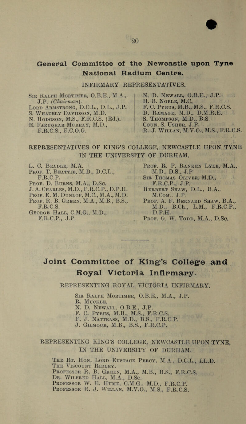 General Committee of the Newcastle upon Tyne National Radium Centre. INFIRMARY REPRESENTATIVES. Sir Ralph Mortimer, O.B.E., M.A., J.P. {Chairman). Lord Armstrong, D.C.L., D.L., J.P. S. Whately Davidson, M.D. N. Hodgson, M.S., F.R.C.S. (Ed.). E. Faruqhar Murray, M.D., F.R.C.S., F.C.O.G. N. D. Newall, O.B.E., J.P. H. B. Noble, M.C. F. C. Pvbus, M.B., M S., F.R.C.S. D. Ramage, M.D., D.M.R.E. S. Thompson, M.D., B.S. Coun. S. Usher, J.P. R. J. Willan, M.V.O., M.sF.R.C.S. REPRESENTATIVES OF KING’S COLLEGE, NEWCASTLE UPON TYNE IN THE UNIVERSITY OF DURHAM. L. C. Beadle, M.A. Prof. T. Beattie, M.D., D.C.L., F.R.C.P. Prof. D. Burns, M.A., D.So. J. A. Charles, M.D., F.R.C.P., D.P.H. Prof. E. M. Dunlop, M.C., M.A., M.D. Prof. R. B. Green, M.A., M.B., B.S., F R C S George Hall, C.M.G., M.D., F.R.C.P., J.P. Prof. R. P. Ranken Lyle, M.A., M.D.. D.S., J.P Sir Thomas Oliver, M.D., F.R.C.P., J.P. Herbert Shaw, D.L., B.A., M.Com.. J.P Prof. A. F. Bernard Shaw, B.A., M.D., B.Ch., L.M., F.R.C.P., D.P.H. Prof. G. W. Todd, M.A., D.Sc. Joint Committee of Kind’s College and Royal Victoria Infirmary. REPRESENTING ROYAL VICTORIA INFIRMARY. Sir Ralph Mortimer, O.B.E., M.A., J.P. R. Muckle. N. D. Newall, O.B.E., J.P. F. C. Pybus, M.B., M.S., F.R.C.S. F. J. Nattrass, M.D., B.S., F.R.C.P. J. Gilmqur, M.B., B.S., F.R.C.P. REPRESENTING KING’S COLLEGE, NEWCASTLE UPON TYNE, IN THE UNIVERSITY OF DURHAM. The Rt. Hon. Lord Eustace Percy, M.A., D.C.L., LL.D. The Viscount Ridley. Professor R. B. Green, M.A., M.B., B.S., F.R.C.S. Dr. Wilfred Hall, M.A., D.Sc. Professor W. E. Hume, C.M.G., M.D., F.R.C.P. Professor R. J. Willan, M.V.O., M.S., F.R.C.S.