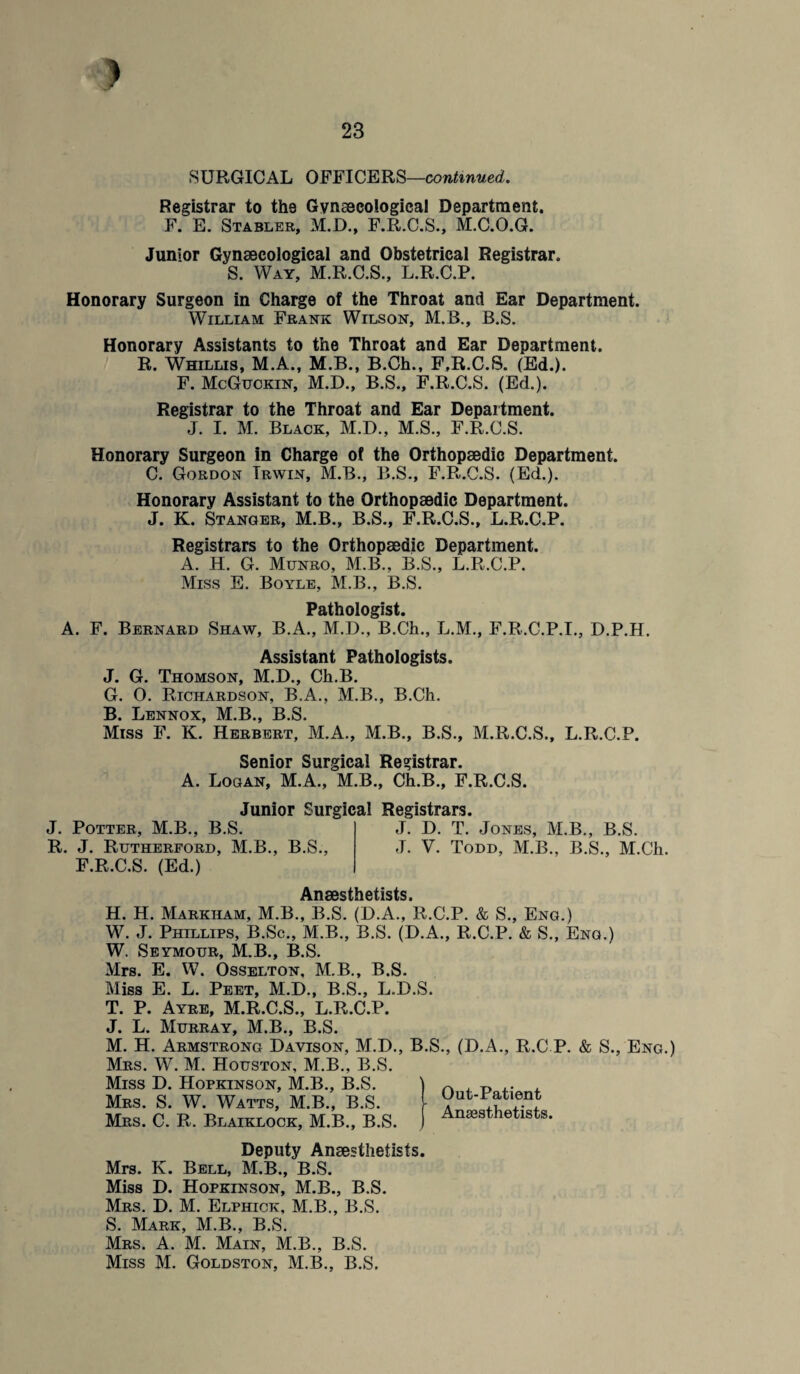 ? 23 SURGICAL OFFICERS—continued. Registrar to the Gynaecological Department. F. E. Stabler, M.D., F.R.C.S., M.C.O.G. Junior Gynaecological and Obstetrical Registrar. S. Way, M.R.C.S., L.R.C.P. Honorary Surgeon in Charge of the Throat and Ear Department. William Frank Wilson, M.B., B.S. Honorary Assistants to the Throat and Ear Department. R. Whillis, M.A., M.B., B.Ch., F.R.C.8. (Ed.). F. McGtjokin, M.D., B.S., F.R.C.S. (Ed.). Registrar to the Throat and Ear Department. J. I. M. Black, M.D., M.S., F.R.C.S. Honorary Surgeon in Charge of the Orthopaedic Department. C. Gordon Irwin, M.B., B.S., F.R.C.S. (Ed.). Honorary Assistant to the Orthopaedic Department. J. K. Stanger, M.B., B.S., F.R.C.S., L.R.C.P. Registrars to the Orthopaedic Department. A. H. G. Munro, M.B., B.S., L.R.C.P. Miss E. Boyle, M.B., B.S. Pathologist. A. F. Bernard Shaw, B.A., M.D., B.Ch., L.M., F.R.C.P.I., D.P.H. Assistant Pathologists. J. G. Thomson, M.D., Ch.B. G. 0. Richardson, B.A., M.B., B.Ch. B. Lennox, M.B., B.S. Miss F. K. Herbert, M.A., M.B., B.S., M.R.C.S., L.R.C.P. Senior Surgical Registrar. A. Logan, M.A., M.B., Ch.B., F.R.C.S. Junior Surgical Registrars. J. Potter, M.B., B.S. J. D. T. Jones, M.B., B.S. R. J. Rutherford, M.B., B.S., J. V. Todd, M.B., B.S., M.Ch. F.R.C.S. (Ed.) Anaesthetists. H. H. Markham, M.B., B.S. (D.A., R.C.P. & S., Eng.) W. J. Phillips, B.Sc., M.B., B.S. (D.A., R.C.P. & S., Eng.) W. Seymour, M.B., B.S. Mrs. E. W. Osselton. M.B., B.S. Miss E. L. Peet, M.D., B.S., L.D.S. T. P. Ayre, M.R.C.S., L.R.C.P. J. L. Murray, M.B., B.S. M. H. Armstrong Davison, M.D., B.S., (D.A., R.C.P. & S., Eng.) Mrs. W. M. Houston, M.B., B.S. Miss D. Hopkinson, M.B., B.S. Mrs. S. W. Watts, M.B., B.S. Mrs. C. R. Blaiklock, M.B., B.S. Deputy Anaesthetists. Mrs. K. Bell, M.B., B.S. Miss D. Hopkinson, M.B., B.S. Mrs. D. M. Elphick, M.B., B.S. S. Mark, M.B., B.S. Mrs. A. M. Main, M.B., B.S. Miss M. Goldston, M.B., B.S. I Out-Patient j Anaesthetists.