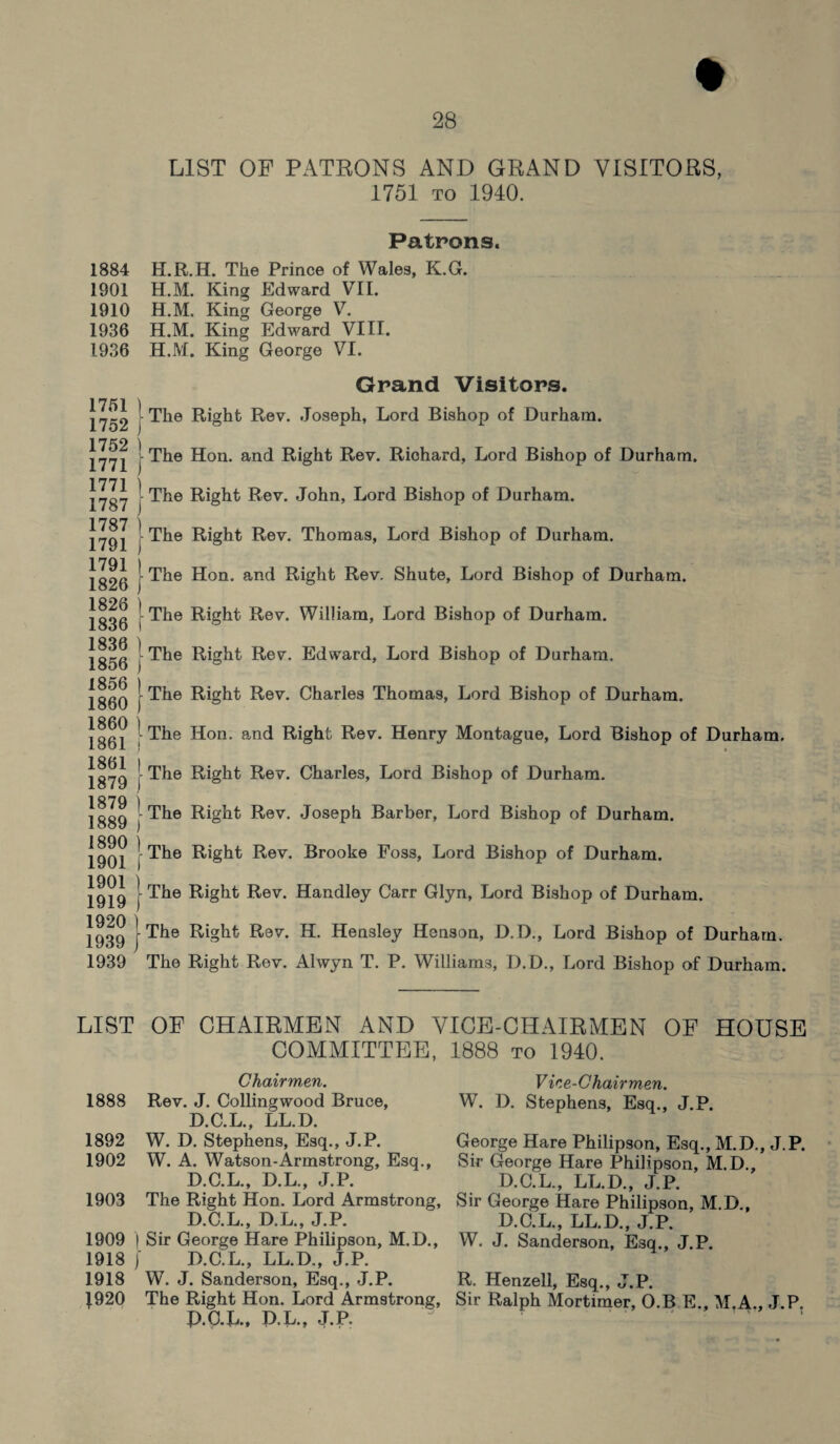 LIST OF PATRONS AND GRAND VISITORS, 1751 to 1940. Patrons. 1884 H.R.H. The Prince of Wales, K.G. 1901 H.M. King Edward VII. 1910 H.M. King George V. 1936 H.M. King Edward VIII. 1936 H.M. King George VI. Grand Visitors. 1752 | ^he Right Rev. Joseph, Lord Bishop of Durham. 1752 ) 1771 ) H°n- an<I Right Rev. Riohard, Lord Bishop of Durham, jygy |- The Right Rev. John, Lord Bishop of Durham. 1707 1 1791 (Ri§kt Rev. Thomas, Lord Bishop of Durham. 1791 ) 1826 Hon. and Right Rev. Shute, Lord Bishop of Durham. 1836 I The Right Rev. William, Lord Bishop of Durham. 1856 | Right Rev. Edward, Lord Bishop of Durham. 1860 |^e Right Rev. Charles Thomas, Lord Bishop of Durham. 1860 ) [ The Hon. and Right Rev. Henry Montague, Lord Bishop of Durham. 1879 | -^h® Right Rev. Charles, Lord Bishop of Durham. 1879 ) 1889 )'The Right Rev. Joseph Barber, Lord Bishop of Durham. I The Right Rev. Brooke Foss, Lord Bishop of Durham. 1919 1 ^k® Right Rev. Handley Carr Glyn, Lord Bishop of Durham. 1920 ) J-The Right Rev. H. Hensley Henson, D.D., Lord Bishop of Durham. 1939 The Right Rev. Alwyn T. P. Williams, D.D., Lord Bishop of Durham. LIST OF CHAIRMEN AND VICE-CHAIRMEN OF HOUSE COMMITTEE, 1888 to 1940. Chairmen. 1888 Rev. J. Colling wood Bruce, D.C.L., LL.D. 1892 W. D. Stephens, Esq., J.P. 1902 W. A. Watson-Armstrong, Esq., D.C.L., D.L., J.P. 1903 The Right Hon. Lord Armstrong, D.C.L., D.L., J.P. 1909 I Sir George Hare Philipson, M.D., 1918 f D.C.L., LL.D., J.P. 1918 W. J. Sanderson, Esq., J.P. 1920 The Right Hon. Lord Armstrong, P.C.L., D.L., J.P. Vice-Chairmen. W. D. Stephens, Esq., J.P. George Hare Philipson, Esq., M.D., J.P. Sir George Hare Philipson, M.D., D.C.L., LL.D., J.P. Sir George Hare Philipson, M.D., D.C.L., LL.D., J.P. W. J. Sanderson, Esq., J.P. R. Henzell, Esq., J.P. Sir Ralph Mortimer, O.B E., M.A., J.P.