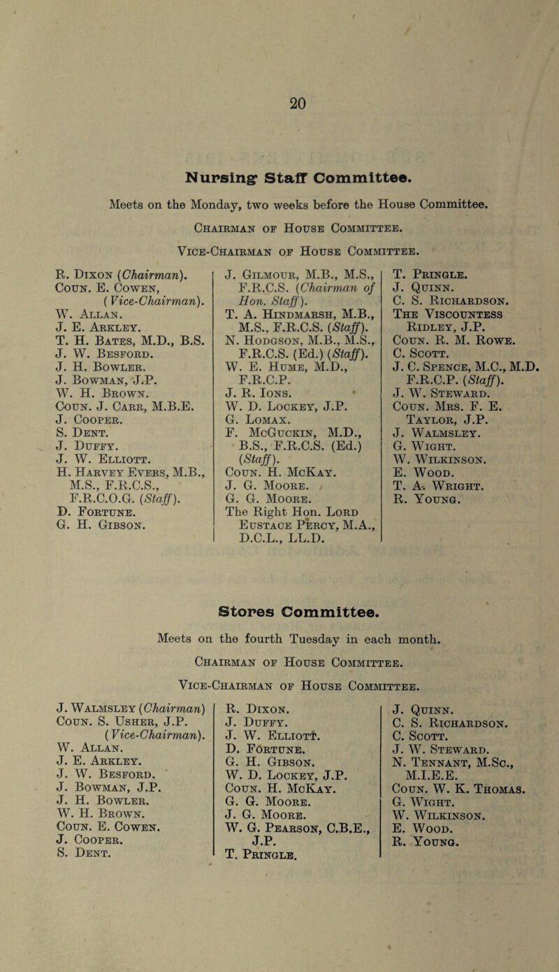 Nursing Staff Committee. Meets on the Monday, two weeks before the House Committee. Chairman of House Committee. Vice-Chairman of House Committee. R. Dixon {Chairman). Coun. E. Cowen, (Vice-Chairman). W. Allan. J. E. Arkley. T. H. Bates, M.D., B.S. J. W. Besford. J. H. Bowler. J. Bowman, J.P. W. H. Brown. Coun. J. Carr, M.B.E. J. Cooper. S. Dent. J. Duffy. J. W. Elliott. H. Harvey Evers, M.B., M.S., F.R.C.S., F.R.C.O.G. (Staff). D. Fortune. G. H. Gibson. J. Gilmour, M.B., M.S,, F.R.C.S. (Chairman of Hon. Staff). T. A. Hindmarsh, M.B., M.S., F.R.C.S. (Staff). N. Hodgson, M.B., M.S., F.R.C.S. (Ed.) (Staff). W. E. Hume, M.D., F.R.C.P. J. R. Ions. W. D. Lockey, J.P. G. Lomax. F. McGuckin, M.D., B.S., F.R.C.S. (Ed.) (Staff). Coun. H. McKay. J. G. Moore. G. G. Moore. The Right Hon. Lord Eustace Percy, M.A., D.C.L., LL.D. T. Pringle. J. Quinn. C. S. Richardson. The Viscountess Ridley, J.P. Coun. R. M. Rowe. C. Scott. J. C. Spence, M.C., M.D. F.R.C.P. (Staff). J. W. Steward. Coun. Mrs. F. E. Taylor, J.P. J. Walmsley. G. Wight. W. Wilkinson. E. Wood. T. A-. Wright. R. Young. Stores Committee. Meets on the fourth Tuesday in each month. Chairman of House Committee. Vice-Chairman of House Committee. J. Walmsley (Chairman) Coun. S. Usher, J.P. (Vice-Chairman). W. Allan. J. E. Arkley. J. W. Besford. J. Bowman, J.P. J. H. Bowler. W. H. Brown. Coun. E. Cowen. S. Dent. R. Dixon. J. Duffy. J. W. Elliott. D. Fortune. G. H. Gibson. W. D. Lockey, J.P. Coun. H. McKay. G. G. Moore. J. G. Moore. W. G. Pearson, C.B.E., T. Pringle. J. Quinn. C. S. Richardson. C. Scott. J. W. Steward. N. Tennant, M.Sc., m.i.e.e. Coun. W. K. Thomas. G. Wight. W. Wilkinson. E. Wood.