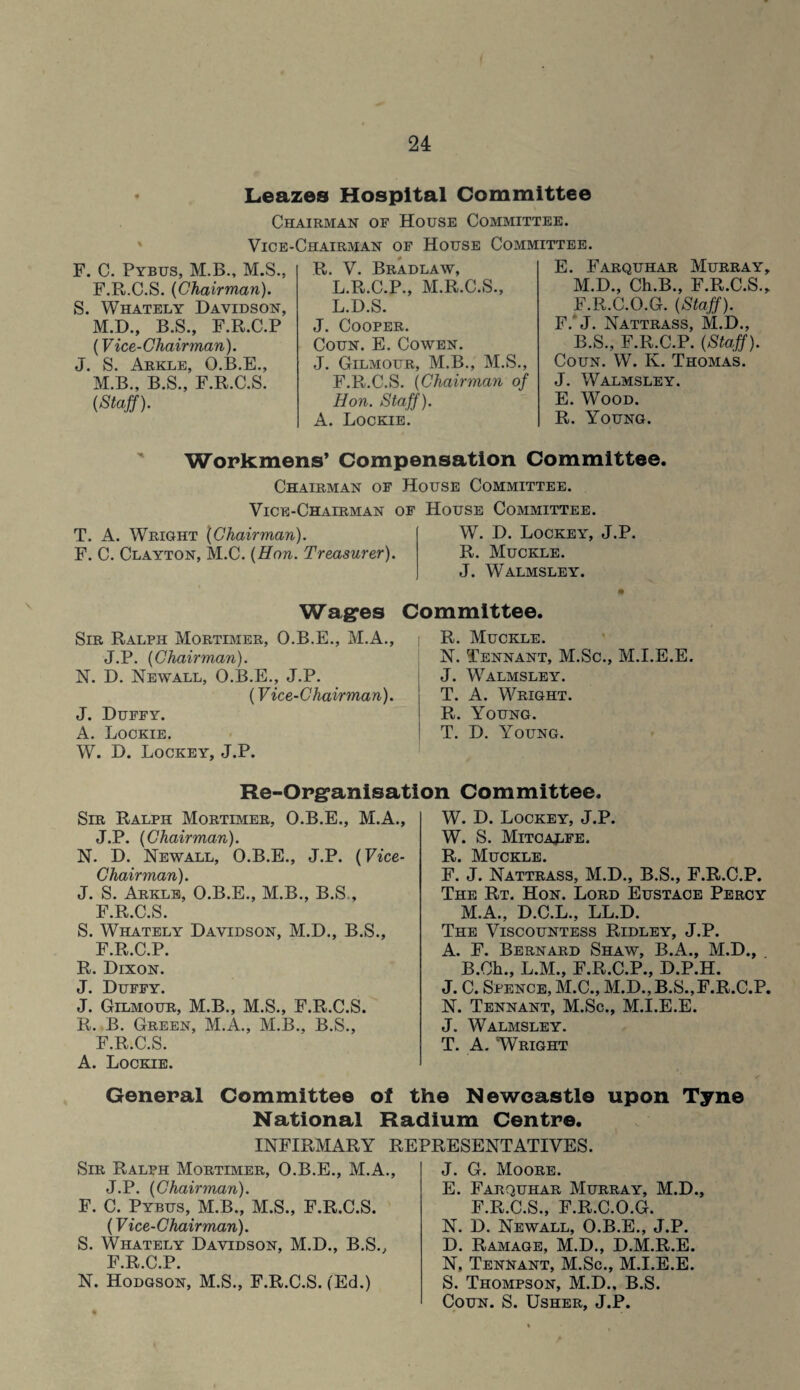 Leazes Hospital Committee Chairman of House Committee. Vice-Chairman of House Committee. F. C. Pybus, M.B., M.S., F.R.C.S. {Chairman). S. Whately Davidson, M.D., B.S., F.R.C.P (Vice-Chairman). J. S. Arkle, O.B.E., M.B., B.S., F.R.C.S. {Staff). R. V. Bradlaw, L.R.C.P., M.R.C.S., L.D.S. J. Cooper. Coun. E. Cowen. J. Gilmour, M.B., M.S., F.R.C.S. {Chairman of Hon. Staff). A. Lockie. E. Farquhar Murray, M.D., Ch.B., F.R.C.S., F.R.C.O.G. {Staff). F. ' J. Nattrass, M.D., B.S., F.R.C.P. {Staff). Coun. W. K. Thomas. J. Walmsley. E. Wood. R. Young. Workmens’ Compensation Committee. Chairman of House Committee. Vice-Chairman of House Committee. T. A. Wright [Chairman). W. D. Lockey, J.P. F. C. Clayton, M.C. {Hon. Treasurer). R. Muckle. J. Walmsley. Wages Sir Ralph Mortimer, O.B.E., M.A., J.P. {Chairman). N. D. Newall, O.B.E., J.P. (Vice-Chairman). J. Duffy. A. Lockie. W. D. Lockey, J.P. Committee. R. Muckle. N. Tennant, M.Sc., M.I.E.E. J. Walmsley. T. A. Wright. R. Young. T. D. Young. Sir Ralph Mortimer, O.B.E., J.P. {Chairman). N. D. Newall, O.B.E., J.P. Chairman). J. S. Arkle, O.B.E., M.B., B.S F.R.C.S. S. Whately Davidson, M.D., B.S., F.R.C.P. R. Dixon. J Duffy J. Gilmour, M.B., M.S., F.R.C.S. R. B. Green, M.A., M.B., B.S., F.R.C.S. A. Lockie. W. D. Lockey, J.P. W. S. Mitcaefe. R. Muckle. F. J. Nattrass, M.D., B.S., F.R.C.P. The Rt. Hon. Lord Eustace Percy M.A., D.C.L., LL.D. The Viscountess Ridley, J.P. A. F. Bernard Shaw, B.A., M.D., B.Ch., L.M., F.R.C.P., D.P.H. J. C. Spence, M.C., M.D.,B.S.,F.R.C.P. N. Tennant, M.Sc., M.I.E.E. J. Walmsley. T. A. Wright Re-Organisation Committee M.A., (Vice- General Committee ot the Newcastle upon Tyne National Radium Centre. INFIRMARY REPRESENTATIVES. Sir Ralph Mortimer, O.B.E., M.A., J.P. {Chairman). F. C. Pybus, M.B., M.S., F.R.C.S. (Vice-Chairman). S. Whately Davidson, M.D., B.S., F.R.C.P. N. Hodgson, M.S., F.R.C.S. (Ed.) J. G. Moore. E. Farquhar Murray, M.D., F.R.C.S., F.R.C.O.G. N. D. Newall, O.B.E., J.P. D. Ramage, M.D., D.M.R.E. N, Tennant, M.Sc., M.I.E.E. S. Thompson, M.D.. B.S. Coun. S. Usher, J.P.