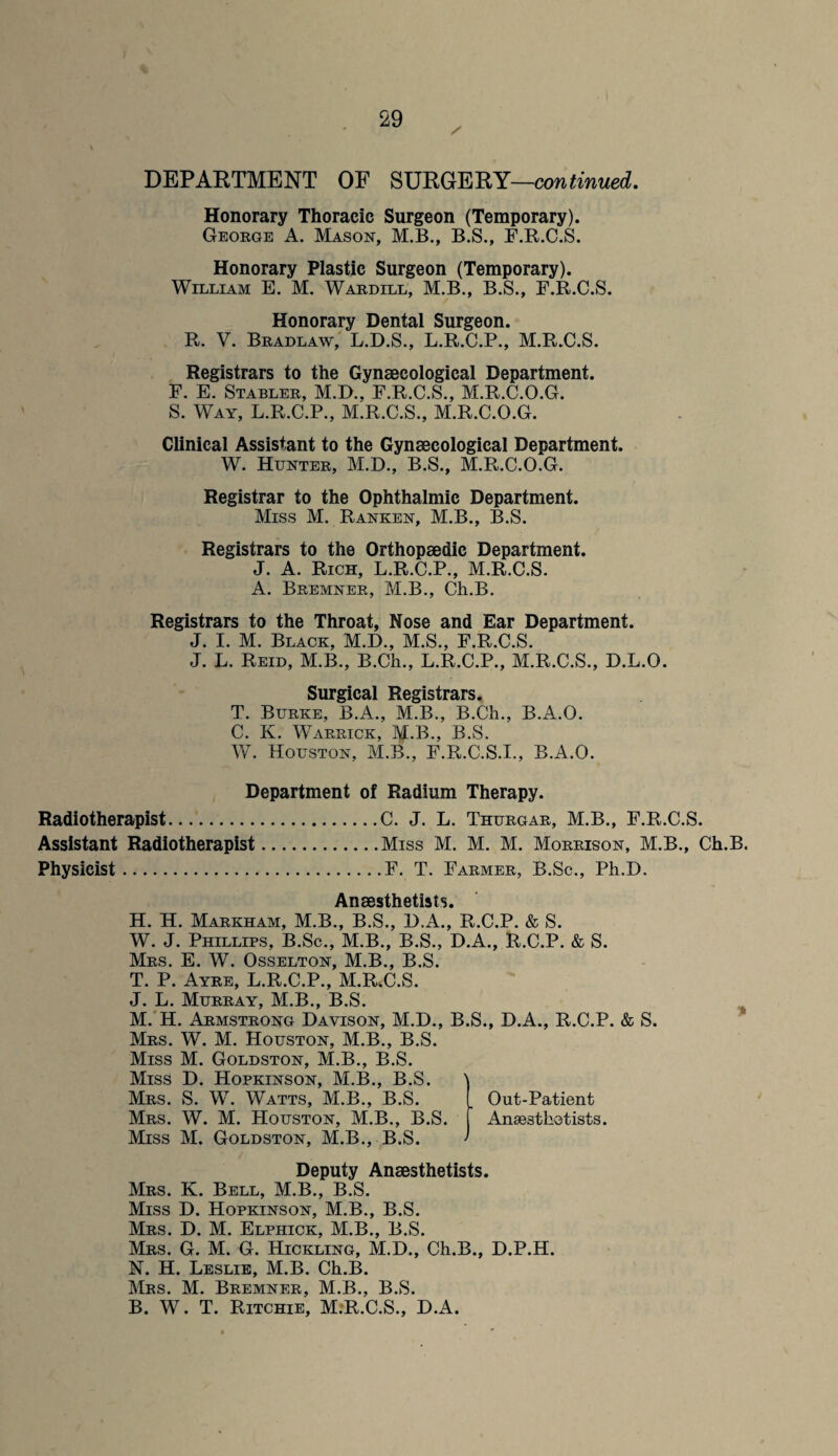 DEPARTMENT OF SURGERY—continued. Honorary Thoracic Surgeon (Temporary). George A. Mason, M.B., B.S., F.R.C.S. Honorary Plastic Surgeon (Temporary). William E. M. Wardill, M.B., B.S., F.R.C.S. Honorary Dental Surgeon. R. V. Bradlaw, L.D.S., L.R.C.P., M.R.C.S. Registrars to the Gynaecological Department. F. E. Stabler, M.D., F.R.C.S., M.R.C.O.G. S. Way, L.R.C.P., M.R.C.S., M.R.C.O.G. Clinical Assistant to the Gynaecological Department. W. Hunter, M.D., B.S., M.R.C.O.G. Registrar to the Ophthalmic Department. Miss M. Ranken, M.B., B.S. Registrars to the Orthopaedic Department. J. A. Rich, L.R.C.P., M.R.C.S. A. Bremner, M.B., Ch.B. Registrars to the Throat, Nose and Ear Department. J. I. M. Black, M.D., M.S., F.R.C.S. J. L. Reid, M.B., B.Ch., L.R.C.P., M.R.C.S., D.L.O. Surgical Registrars, T. Burke, B.A., M.B., B.Ch., B.A.O. C. K. Warrick, M.B., B.S. W. Houston, M.B., F.R.C.S.I., B.A.O. Department of Radium Therapy. Radiotherapist.C. J. L. Thurgar, M.B., F.R.C.S. Assistant Radiotherapist.Miss M. M. M. Morrison, M.B., Ch.B. Physicist...F. T. Farmer, B.Sc., Ph.D. Anaesthetists H. H. Markham, M.B., B.S., D.A., R.C.P. & S. W. J. Phillips, B.Sc., M.B., B.S., D.A., R.C.P. & S. Mrs. E. W. Osselton, M.B., B.S. T. P. Ayre, L.R.C.P., M.R.C.S. J. L. Murray, M.B., B.S. M. H. Armstrong Davison, M.D., B.S., D.A., R.C.P. & S. Mrs. W. M. Houston, M.B., B.S. Miss M. Goldston, M.B., B.S. Miss D. Hopkinson, M.B., B.S. Mrs. S. W. Watts, M.B., B.S. Mrs. W. M. Houston, M.B., B.S. Miss M. Goldston, M.B., B.S. Deputy Anaesthetists. Mrs. K. Bell, M.B., B.S. Miss D. Hopkinson, M.B., B.S. Mrs. D. M. Elphick, M.B., B.S. Mrs. G. M. G. Hickling, M.D., Ch.B., D.P.H. N. H. Leslie, M.B. Ch.B. Mrs. M. Bremner, M.B., B.S. B. W. T. Ritchie, M.R.C.S., D.A. (Out-Patient Anaesthetists.