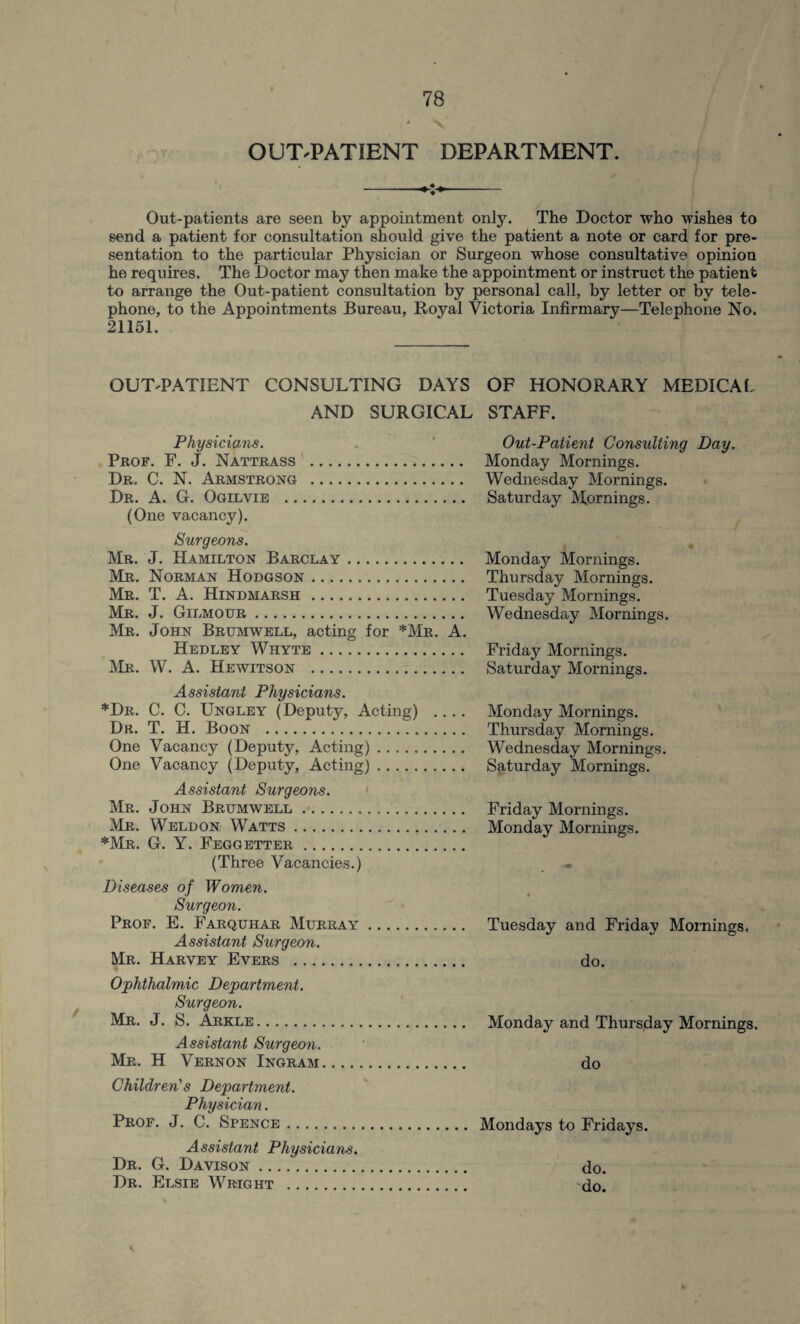 OUT-PATIENT DEPARTMENT. Out-patients are seen by appointment only. The Doctor who wishes to send a patient for consultation should give the patient a note or card for pre¬ sentation to the particular Physician or Surgeon whose consultative opinion he requires. The Doctor may then make the appointment or instruct the patient to arrange the Out-patient consultation by personal call, by letter or by tele¬ phone, to the Appointments Bureau, Royal Victoria Infirmary—Telephone No. 21151. OUT-PATIENT CONSULTING DAYS OF HONORARY MEDICAL AND SURGICAL STAFF. / Physicians. Prof. F. J. Nattrass . Dr. C. N. Armstrong . Dr. A. G. Ogilvib . (One vacancy). Surgeons. Mr. J. Hamilton Barclay. Mr. Norman Hodgson. Mr. T. A. Hindmarsh. Mr. J. Gilmour. Mr. John Brumwell, acting for *Mr. A. Hedley Whyte. Mr. W. A. Hewitson . Assistant Physicians. *Dr. C. C. Ungley (Deputy, Acting) Dr. T. H. Boon . One Vacancy (Deputy, Acting). One Vacancy (Deputy, Acting). Assistant Surgeons. Mr. John Brumwell.. Mr. Weldon Watts. *Mr. G. Y. Feggetter. (Three Vacancies.) Diseases of Women. Surgeon. Prof. E. Farquhar Murray. Assistant Surgeon. Mr. Harvey Evers . % Ophthalmic Department. Surgeon. Mr. J. S. Arkle. Assistant Surgeon. Mr. H Vernon Ingram. Children's Department. Physician. Prof. J. C. Spence. Assistant Physicians. Dr. G. Davison. Dr. Elsie Wright . Out-Patient Consulting Day. Monday Mornings. Wednesday Mornings. Saturday Mornings. Monday Mornings. Thursday Mornings. Tuesday Mornings. Wednesday Mornings. Friday Mornings. Saturday Mornings. Monday Mornings. Thursday Mornings. Wednesday Mornings. Saturday Mornings. Friday Mornings. Monday Mornings. Tuesday and Friday Mornings, do. Monday and Thursday Mornings, do Mondays to Fridays. do. do.