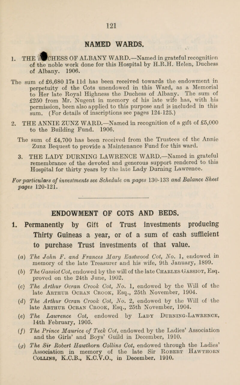 NAMED WARDS. 1. THE sjfPCHESS OF ALBANY WARD.—Named in grateful recognition of the noble work done for this Hospital by H.R.H. Helen, Duchess of Albany. 1906. The sum of £6,680 17s lid has been received towards the endowment in perpetuity of the Cots unendowed in this Ward, as a Memorial to Her late Royal Highness the Duchess of Albany. The sum of £250 from Mr. Nugent in memory of his late wife has, with his permission, been also applied to this purpose and is included in this sum. (For details of inscriptions see pages 124-125.) 2. THE ANNIE ZUNZ WARD.—Named in recognition of a gift of £5,000 to the Building Fund. 1906. The sum of £4,700 has been received from the Trustees of the Annie Zunz Bequest to provide a Maintenance Fund for this ward. 3. THE LADY DURNING LAWRENCE WARD.—Named in grateful remembrance of the devoted and generous support rendered to this Hospital for thirty years by the late Lady Durning Lawrence. For particulars of investments see Schedule on pages 130-133 and Balance Sheet pages 120-121. ENDOWMENT OF COTS AND BEDS. 1. Permanently by Gilt of Trust investments producing Thirty Guineas a year, or of a sum of cash sufficient to purchase Trust investments of that value. (a) The John F. and Frances Mary Eastwood Cot, No. 1, endowed in memory of the late Treasurer and his wife, 9th January, 1899. (b) The Gassiot Cot, endowed by the will of the late Charles Gassiot, Esq. proved on the 24th June, 1902. (c) The Arthur Ocran Crook Cot, No. 1, endowed by the Will of the late Arthur Ocran Crook, Esq., 25th November, 1904. (d) The Arthur Ocran Crook Cot, No. 2, endowed by the Will of the late Arthur Ocran Crook, Esq., 25th November, 1904. (e) The Lawrence Cot, endowed by Lady Durning-Lawrence, 14th February, 1905. (/) The Prince Maurice of Teck Cot, endowed by the Ladies’ Association and the Girls’ and Boys’ Guild in December, 1910. (g) The Sir Robert Hawthorn Collins Cot, endowed through the Ladies’ Association in memory of the late Sir Robert Hawthorn Collins, K.C.B., K.C.V.O., in December, 1910.