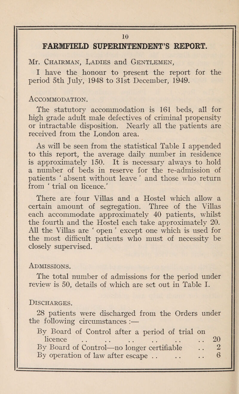 FARMFIELD SUPERINTENDENT’S REPORT. Mr. Chairman, Dadies and Genteemen, I have the honour to present the report for the period 5th July, 1948 to 31st December, 1949. Accommodation. The statutory accommodation is 161 beds, all for high grade adult male defectives of criminal propensity or intractable disposition. Nearly all the patients are received from the Condon area. As will be seen from the statistical Table I appended to this report, the average daily number in residence is approximately 150. It is necessary always to hold a number of beds in reserve for the re-admission of patients * absent without leave ’ and those who return from ‘ trial on licence/ There are four Villas and a Hostel which allow a certain amount of segregation. Three of the Villas each accommodate approximately 40 patients, whilst the fourth and the Hostel each take approximately 20. All the Villas are ‘ open ’ except one which is used for the most difficult patients who must of necessity be closely supervised. Admissions. The total number of admissions for the period under review is 50, details of which are set out in Table I. Discharges. 28 patients were discharged from the Orders under the following circumstances :— By Board of Control after a period of trial on licence . . . . . . . . . . . . 20 By Board of Control—no longer certifiable . . 2 By operation of law after escape . . . . . . 6