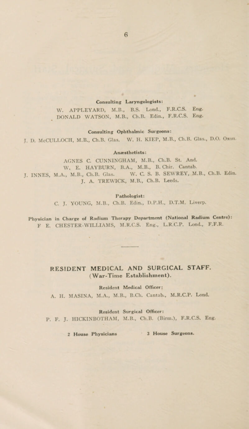 Consulting Laryngologists: w. ArPLEYARD, M.B., B.S. Lond., F.R.C.S. Eng. DONALD WATSON, M.B., Ch.B. Edin., F.R.C.S. Eng. Consulting Ophthalmic Surgeons: J. D. McCULLOCH, M.B., Ch.B. Glas. W. H. KIEP, M.B., Ch.B. Glas., D.O. Oxon. Anaesthetists: AGNES C. CUNNINGHAM, M.B., Ch.B. St. And. W, E. IiAYBURN, B.A., M.B., B. Chir. Cantab. J. INNES, M.A., M.B., Ch.B. Glas. W. C. S. B. SEWREY, M.B., Ch.B. Edin. J. A. TREWICK, M.B., Ch.B. Leeds. Pathologist: C. J. YOUNG, M.B., Ch.B. Edin., D.P.H., D.T.M. Liverp. Physician in Charge of Radium Therapy Department (National Radium Centre): F E. CHESTER-WILLIAMS, M.R.C.S. Eng., L.R.C.P. Lond., F.F.R. RESIDENT MEDICAL AND SURGICAL STAFF. (War-Time Establishment). Resident Medical Officer: A. H. MASINA, M.A., M.B., B.Ch. Cantab., M.R.C.P. Lond. Resident Surgical Officer: P. F. J. HICKINBOTHAM, M.B., Ch.B. (Birm.), F.R.C.S. Eng. 2 House Physiciauns 3 House Surgeons.