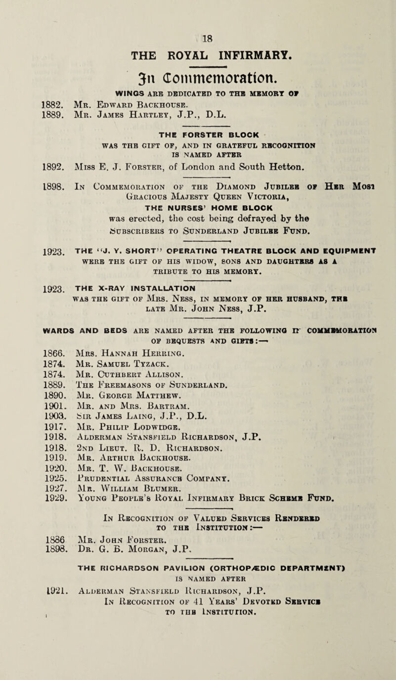 THE ROYAL INFIRMARY. 3n Commemoration. WINGS ARB DEDICATED TO THE MEMORT OF 1882. Mr. Edward Backhouse. 1889. Mr. James Hartley, J.P., D.L. THE FORSTER BLOCK WAS THE GIFT OF, AND IN GRATEFUL RECOGNITION IS NAMED AFTER 1892. Miss E. J. Forster, of London and South Hetton. 1898. In Commemoration of the Diamond Jubilee of Her Mosi Gracious Majesty Queen Victoria, THE NURSES’ HOME BLOCK was erected, the cost being defrayed by the Subscribers to Sunderland Jubilee Fund. 1923. THE “J. Y. SHORT ” OPERATING THEATRE BLOCK AND EQUIPMENT WERE THE GIFT OF HIS WIDOW, SONS AND DAUGHTERS AS A TRIBUTE TO HIS MEMORY. 1923. the x-ray installation WAS THE GIFT OF Mrs. NESS, IN MEMORY OF HER HUSBAND, THE late Mr. John Ness, J.P. WARDS AND BEDS ARE NAMED AFTER THE FOLLOWING II' COMMEMORATION OF BEQUESTS AND GISTS * 1866. Mrs. Hannah Herring. 1874. Mr. Samuel Tyzack. 1874. Mr. Cuthbert Allison. 1889. The Freemasons of Sunderland. 1890. Mr. George Matthew. 1901. Mr. and Mrs. Bartram. 1903. Sir James Laing, J.P., D.L. 1917. Mr. Philip Lodwidge. 1918. Alderman Stansfield Richardson, J.P. 1918. 2nd Lieut. R. D. Richardson. 1919. Mr. Arthur Backhouse. 1920. Mr. T. W. Backhouse. 1925. Prudential Assurance Company. 1927. Mr. William Blumer. 1929. Young People’s Royal Infirmary Brick Scheme Fund. In Recognition of Valued Services Rendered to the Institution:— 1886 Mr. John Forster. 1898. Dr. G. B. Morgan, J.P, THE RICHARDSON PAVILION (ORTHOPAEDIC DEPARTMENT) IS NAMED AFTER 1921. Alderman Stansfield Richardson, J.P. In Recognition of 41 Years’ Devoted Service to the Institution.