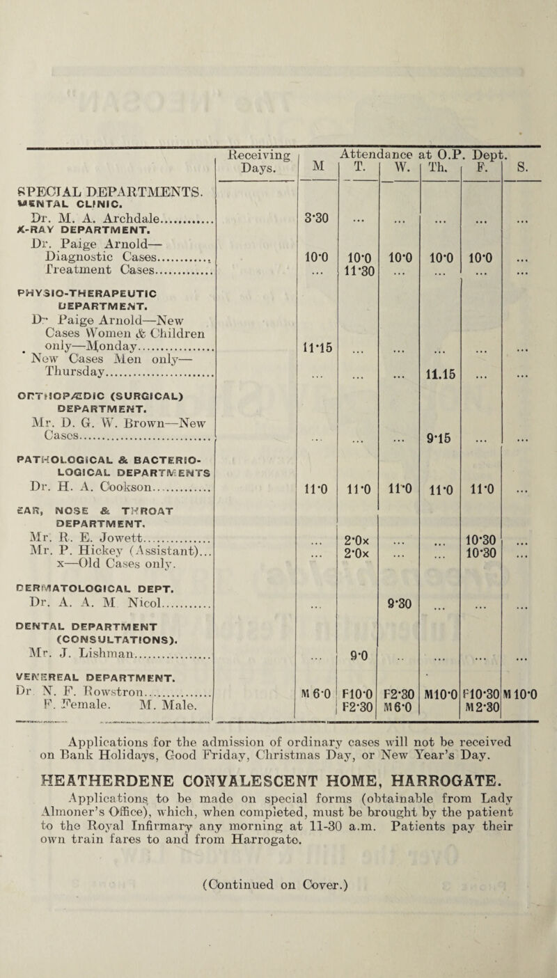 Receiving M Attendance at O.P. Hept. Hays. T. W. Th. F. S. SPECIAL HEPARTMENTS. M6NTAL CLFMIC. Dr. M. A. Archdale. 3*30 • • • X-RAY DEPARTMENT. Hr. Paige Arnold— Diagnostic Cases. io-o 10*0 10*0 10*0 10*0 Treatment Cases. ... 11*30 ... ... ... PHYSIO-THERAPEUTIC DEPARTMENT. H~* Paige Arnold—New Cases Women & Children only—Afonday. 11*15 New Cases Men only— Thursday. • • • 11.15 • • • •.. OPTjIQP^DIC (SURGICAL) DEPARTMENT. Mr. H. G. W. Brown—New Cases. 9*15 PATHOLOGICAL & BACTERIO¬ LOGICAL DEPARTMENTS Hr. H. A. Oookson. 11*0 11*0 11*0 11*0 11*0 EAR, NOSE & THROAT DEPARTMENT, Mr. R. E. Jowett. Mr. P. Hickey (Assistant)... x—Old Cases only. DERMATOLOGICAL DEPT. Hr. A. A. M Nicol. DENTAL DEPARTMENT (CONSULTATIONS). Air. J. Lishman. ... 2*0x 2*0x 9*0 9*30 ... 10*30 10*30 • • • VENEREAL DEPARTMENT. Dr N. F. Rowstron. ivi 6*0 FIO'O F2*30 M10*0 F10*30 M10*0 F. Female. M. Male. 1 F2*30 M6*0 M2*30 Applications for the admission of ordinary cases will not be received on Bank Holidays, Good Friday, Christmas Hay, or New Year’s Hay. HEATHERDENE CONVALESCENT HOME, HARROGATE. Applications to be made on special forms (obtainable from Lady Almoner’s Office), which, when completed, must be brought by the patient to the Royal Infirmary any morning at 11-30 a.m. Patients pay their own train fares to and from Harrogate. (Continued on Cover.)