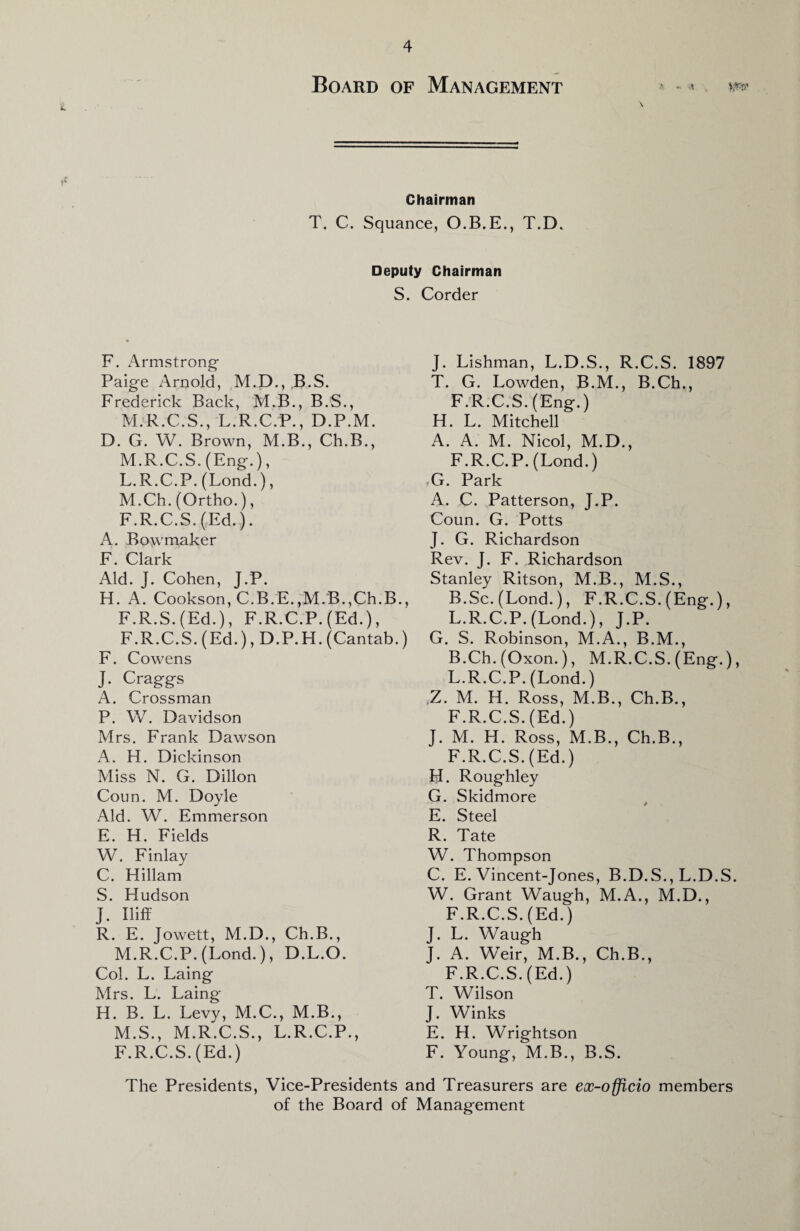 Board of Management Chairman T. C. Squance, O.B.E., T.D. Deputy Chairman S. Corder F. Armstrong Paige Arnold, M.D., B.S. Frederick Back, M.B., B.S., M.R.C.S., L.R.C.P., D.P.M. D. G. W. Brown, M.B., Ch.B., M.R.C.S. (Eng.), L. R.C.P. (Lond.), M. Ch. (Ortho.), F.R.C.S. (Ed.). A. Bowmaker F. Clark Aid. J. Cohen, J.P. H. A. Cookson, C.B.E.,M.B.,Ch.B., F.R.S. (Ed.), F.R.C.P. (Ed.), F.R.C.S.(Ed.), D.P.H.(Cantab.) F. Cowens ]. Craggs A. Crossman P. W. Davidson Mrs. Frank Dawson A. H. Dickinson Miss N. G. Dillon Coun. M. Doyle Aid. W. Emmerson E. H. Fields W. Finlay C. Hillam S. Hudson J. Iliff R. E. Jowett, M.D., Ch.B., M.R.C.P. (Lond.), D.L.O. Col. L. Laing Mrs. L. Laing H. B. L. Levy, M.C., M.B., M.S., M.R.C.S., L.R.C.P., F.R.C.S.(Ed.) J. Lishman, L.D.S., R.C.S. 1897 T. G. Lowden, B.M., B.Ch., F.R.C.S. (Eng.) H. L. Mitchell A. A. M. Nicol, M.D., F.R.C.P. (Lond.) G. Park A. C. Patterson, J.P. Coun. G. Potts J. G. Richardson Rev. J. F. Richardson Stanley Ritson, M.B., M.S., B.Sc. (Lond.), F.R.C.S. (Eng.), L.R.C.P. (Lond.), J.P. G. S. Robinson, M.A., B.M., B.Ch. (Oxon.), M.R.C.S. (Eng.), L.R.C.P. (Lond.) Z. M. H. Ross, M.B., Ch.B., F.R.C.S.(Ed.) J. M. H. Ross, M.B., Ch.B., F.R.C.S.(Ed.) H. Roughley G. Skidmore E. Steel R. Tate W. Thompson C. E. Vincent-Jones, B.D.S., L.D.S. W. Grant Waugh, M.A., M.D., F.R.C.S.(Ed.) J. L. Waugh J. A. Weir, M.B., Ch.B., F.R.C.S. (Ed.) T. Wilson J. Winks E. H. Wrightson F. Young, M.B., B.S. The Presidents, Vice-Presidents and Treasurers are ex-officio members of the Board of Management