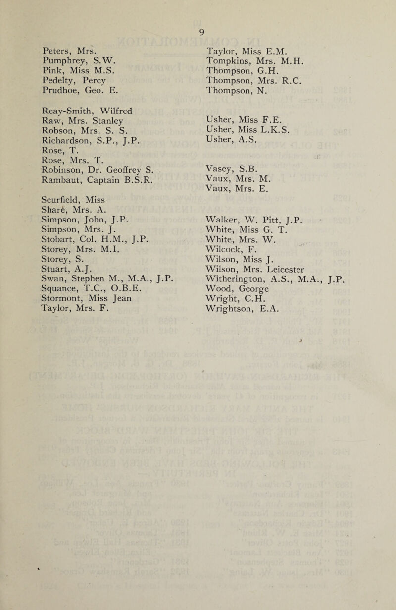 Peters, Mrs. Pumphrey, S.W. Pink, Miss M.S. Pedelty, Percy Prudhoe, Geo. E. Reay-Smith, Wilfred Raw, Mrs. Stanley Robson, Mrs. S. S. Richardson, S.P., J.P. Rose, T. Rose, Mrs. T. Robinson, Dr. Geoffrey S. Rambaut, Captain B.S.R. Scurfield, Miss Share, Mrs. A. Simpson, John, J.P. Simpson, Mrs. J. Stobart, Col. H.M., J.P. Storey, Mrs. M.I. Storey, S. Stuart, A.J. Swan, Stephen M., M.A., J.P. Squance, T.C., O.B.E. Stormont, Miss Jean Taylor, Mrs. F. Taylor, Miss E.M. Tompkins, Mrs. M.H. Thompson, G.H. Thompson, Mrs. R.C. Thompson, N. Usher, Miss F.E. Usher, Miss L.K.S. Usher, A.S. Vasey, S.B. Vaux, Mrs. M. Vaux, Mrs. E. Walker, W. Pitt, J.P. White, Miss G. T. White, Mrs. W. Wilcock, F. Wilson, Miss J. Wilson, Mrs. Leicester Withering-ton, A.S., M.A., J.P. Wood, Georg-e Wright, C.H. Wrightson, E.A. j