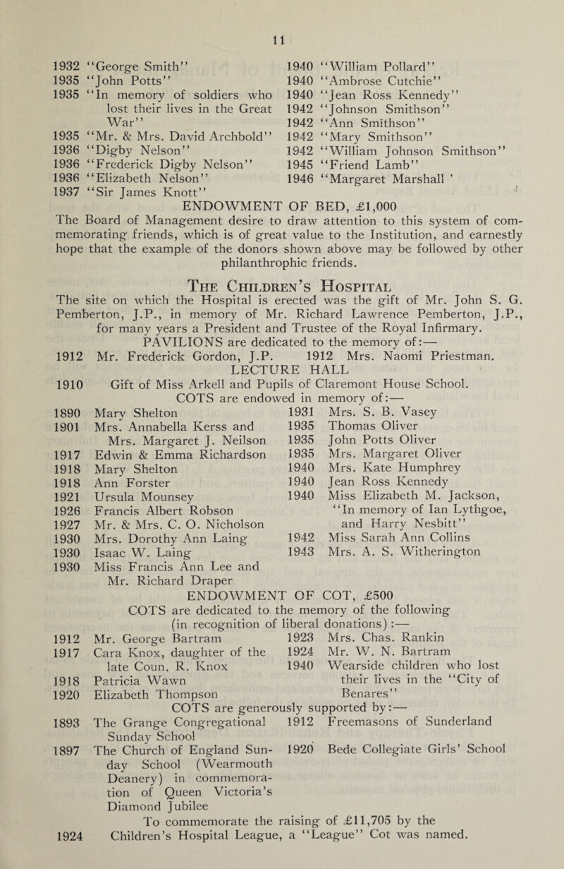 1932 “Georg-e Smith” 1935 “John>otts” 1935 “In memory of soldiers who lost their lives in the Great War” 1935 “Mr. & Mrs. David Archbold” 1936 “Digby Nelson” 1936 “Frederick Digby Nelson” 1936 “Elizabeth Nelson” 1937 “Sir James Knott” 1940 “William Pollard” 1940 “Ambrose Cutchie” 1940 “Jean Ross Kennedy” 1942 “Johnson Smithson” 1942 “Ann Smithson” 1942 “Mary Smithson” 1942 “William Johnson Smithson” 1945 “Friend Lamb” 1946 “Margaret Marshall ’ ENDOWMENT OF BED, £1,000 The Board of Management desire to draw attention to this system of com¬ memorating friends, which is of great value to the Institution, and earnestly hope that the example of the donors shown above may be followed by other philanthrophic friends. The Children’s Hospital The site on which the Hospital is erected was the gift of Mr. John S. G. Pemberton, J.P., in memory of Mr. Richard Lawrence Pemberton, J.P., for many years a President and Trustee of the Royal Infirmary. PAVILIONS are dedicated to the memory of:— Mr. Frederick Gordon, J.P. 1912 Mrs. Naomi Priestman. LECTURE HALL Gift of Miss Arkell and Pupils of Claremont House School. COTS are endowed in memory of: — 1912 1910 1890 1901 1917 1918 1918 1921 1926 1927 1930 1930 1930 1912 1917 1918 1920 1893 1897 Mary Shelton 1931 Mrs. Annabella Kerss and 1935 Mrs. Margaret J. Neilson 1935 Edwin & Emma Richardson 1935 Mary Shelton 1940 Ann Forster 1940 Ursula Mounsey 1940 Francis Albert Robson Mr. & Mrs. C. O. Nicholson Mrs. Dorothy Ann Laing 1942 Isaac W. Laing 1943 Miss Francis Ann Lee and Mr. Richard Draper ENDOWMENT OF COT, £500 COTS are dedicated to the memory of the following (in recognition of liberal donations) : — Mr. George Bartram 1923 Mrs. Chas. Rankin Cara Knox, daughter of the 1924 late Coun. R. Knox 1940 Patricia Wawn Elizabeth Thompson Mrs. S. B. Vasey Thomas Oliver John Potts Oliver Mrs. Margaret Oliver Mrs. Kate Humphrey Jean Ross Kennedy Miss Elizabeth M. Jackson, “In memory of Ian Lythgoe, and Harry Nesbitt” Miss Sarah Ann Collins Mrs. A. S. Witherington Mr. W. N. Bartram Wearside children who lost their lives in the “City of Benares” 1924 COTS are generously supported by: — The Grange Congregational 1912 Freemasons of Sunderland Sunday School The Church of England Sun- 1920 Bede Collegiate Girls’ School day School (Wearmouth Deanery) in commemora¬ tion of Queen Victoria’s Diamond Jubilee To commemorate the raising of £11,705 by the Children’s Hospital League, a “League” Cot was named.