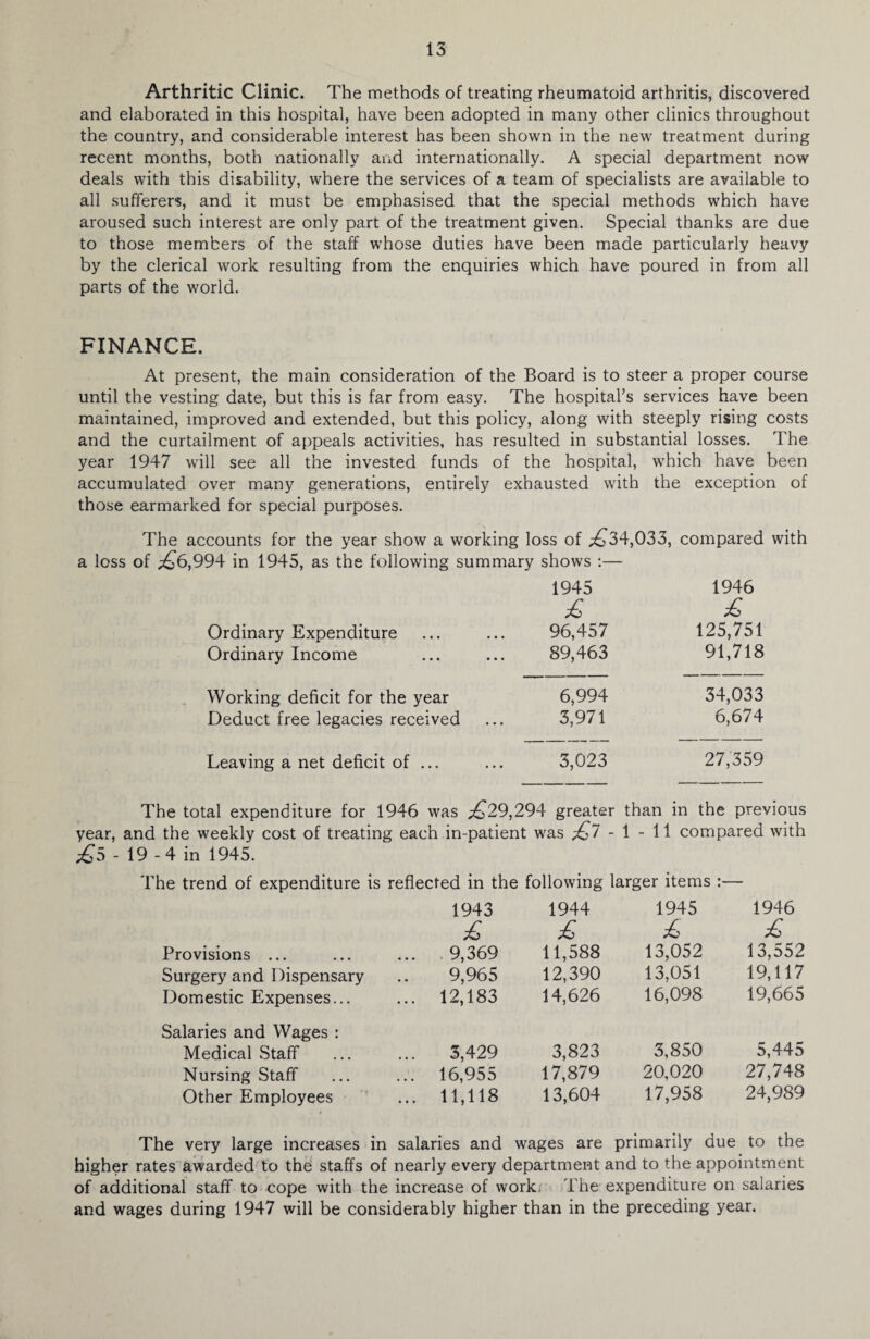 Arthritic Clinic. The methods of treating rheumatoid arthritis, discovered and elaborated in this hospital, have been adopted in many other clinics throughout the country, and considerable interest has been shown in the new' treatment during recent months, both nationally and internationally. A special department now deals with this disability, where the services of a team of specialists are available to all sufferers, and it must be emphasised that the special methods which have aroused such interest are only part of the treatment given. Special thanks are due to those members of the staff whose duties have been made particularly heavy by the clerical work resulting from the enquiries which have poured in from all parts of the world. FINANCE. At present, the main consideration of the Board is to steer a proper course until the vesting date, but this is far from easy. The hospital’s services have been maintained, improved and extended, but this policy, along with steeply rising costs and the curtailment of appeals activities, has resulted in substantial losses. The year 1947 will see all the invested funds of the hospital, which have been accumulated over many generations, entirely exhausted with the exception of those earmarked for special purposes. The accounts for the year show a working loss of ,£34,033, compared with a loss of £6,994 in 1945, as the following summary shows :— 1945 1946 £ £ Ordinary Expenditure 96,457 125,751 Ordinary Income 89,463 91,718 Working deficit for the year 6,994 34,033 Deduct free legacies received 3,971 6,674 Leaving a net deficit of ... 3,023 27,359 The total expenditure for 1946 was £29,294 greater than in the previous year, and the weekly cost of treating each in-patient was £7 - 1 - 11 compared with £5 - 19 -4 in 1945. he trend of expenditure is reflected in the following larger items 1943 1944 1945 1946 £ £ £ £ Provisions ... 9,369 11,588 13,052 13,552 Surgery and Dispensary 9,965 12,390 13,051 19,117 Domestic Expenses... ... 12,183 14,626 16,098 19,665 Salaries and Wages : Medical Staff 3,429 3,823 3,850 5,445 Nursing Staff ... 16,955 17,879 20,020 27,748 Other Employees ... 11,118 13,604 17,958 24,989 The very large increases in salaries and wages are primarily due to the higher rates awarded to the staffs of nearly every department and to the appointment of additional staff to cope with the increase of work. The expenditure on salaries and wages during 1947 will be considerably higher than in the preceding year.