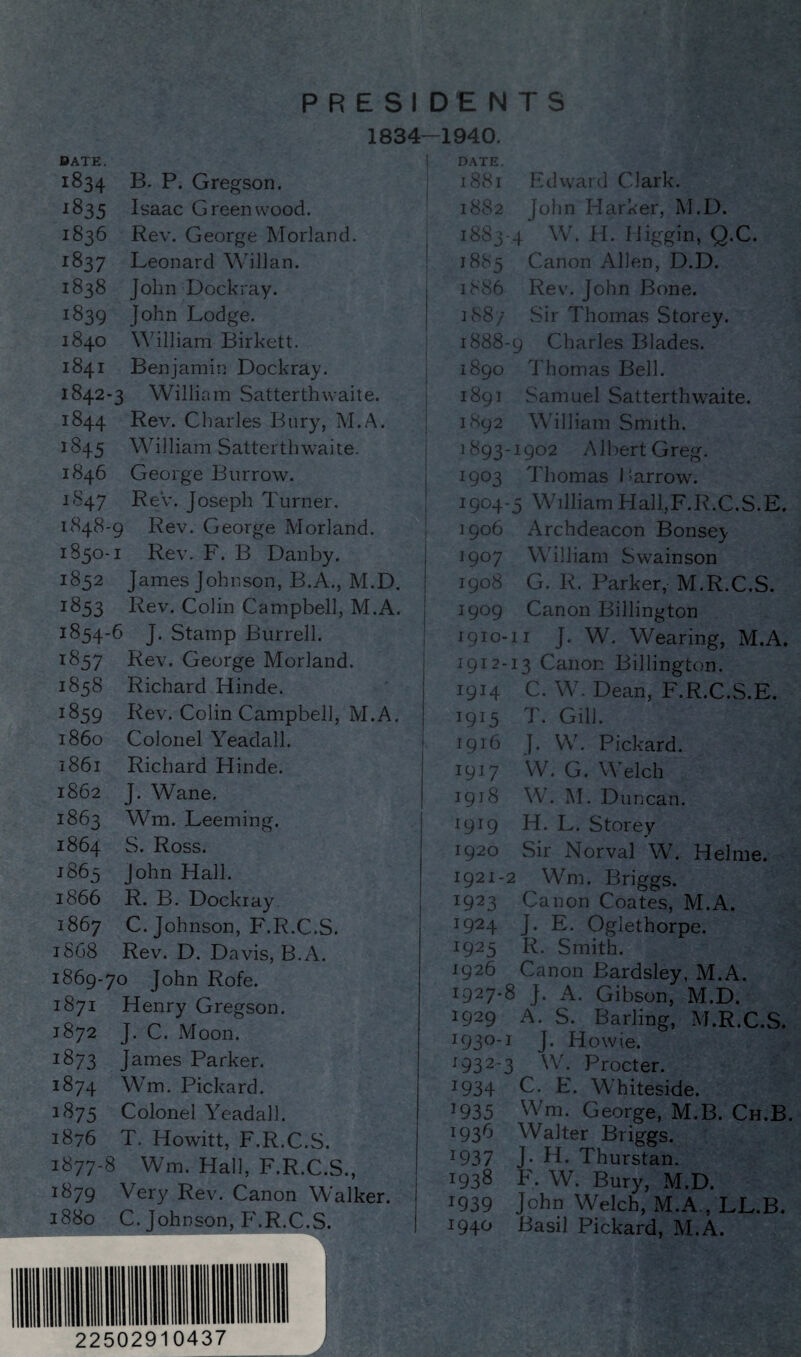 PRESIDENTS 1834-1940. DATE. 1834 B, P. Gregson. •^^35 Isaac Greenwood. 1836 Rev. George Mori and. 1837 Leonard WiJlan. 1838 John Dockray. ^839 John Lodge. 1840 William Birkett. 1841 Benjamin Dockray. 1842-3 William Satterthwaite. 1844 Rev. Charles Bury, M.A. 1845 William Satterthwaite. 1846 George Burrow. 1847 Rev. Joseph Turner. 1848-9 Rev. George Morland. 1850-1 Rev. F. B Dan by. 1852 James Johnson, B.A., M.D, 1853 Rev, Colin Campbell, M.A. 1854-6 J. Stamp Burrell. 1857 Rev. George Morland. 1858 Richard Hinde. 1859 Rev. Colin Campbell, M.A. 1860 Colonel Yeadall. 1861 Richard Hinde. 1862 J. Wane, 1863 Wm. Deeming. 1864 S. Ross. 1865 John Hall. 1866 R. B. Dockray 1867 C. Johnson, F.R.C.S. 1S68 Rev. D. Davis, B.A. 1869-70 John Rofe. 1871 Henry Gregson. 1872 J. C. Moon. ^873 James Parker. 1874 Wm. Pickard. 1875 Colonel Yeadall. 1876 T. Howitt, F.R.C.S. 1877-8 Wm. Hall, F.R.C.S., 1879 Ver}/ Rev. Canon Walker. 1880 C. Johnson, PhR.C.S. A DATE. 1881 Edwaid Clark. 1882 John Harker, M.D. 1883-4 W’. H. Higgin, Q.C. 1885 Canon Allen, D.D. ]886 Rev. John Bone. 188/ Sir Thomas Storey. 1888-9 Charles Blades. 1890 J'horn as Bell. 1891 Samuel Satterthwaite. 1892 W'illiam Smith. 1893-1902 AlliertGreg. 1903 Thomas Barrow. 1904-5 William Hall,F.R.C.S.E. 1906 Archdeacon Bonsey 1907 William Swainson 1908 G. R. Parker, M.R.C.S. 1909 Canon Billington 1910-11 J. W. Wearing, M.A. 1912-13 Canon Billington. 1914 C. Wh Dean, F.R.C.S.E. 1915 T. Gill. 1916 J. W. Pickard. 1917 W. G. Welch 1918 \\‘. IM. Duncan. 1919 H. L. Storey 1920 Sir Norval W. Helme. 1921-2 Wm. Briggs. 1923 Canon Coates, M.A. 1924 J. E. Oglethorpe. 1925 R. Smith. 1926 Canon Bardsley, M.A. 1927-8 J. A. Gibson, M.D. 1929 A. S. Barling, M.R.C.S. J- Howie. ^932-3 Procter. ^934 C. E. W’hiteside. ^935 Wm. George, M.B. Ch.B. 1936 Walter Briggs. ^937 J- Thurstan. 1938 F. W. Bury, M.D. 1939 John Welch, M.A., LL.B. 1940 Basil Pickard, M.A.