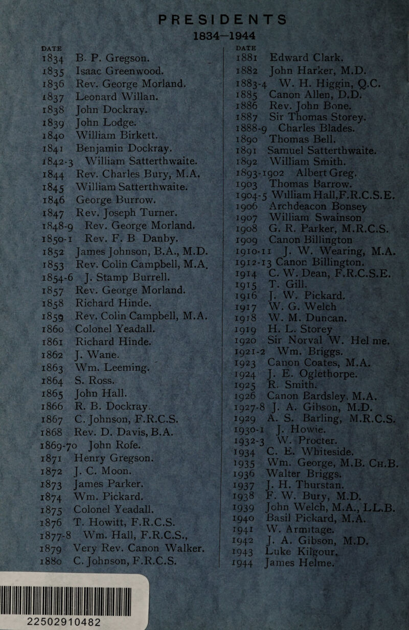 P R E S I 1834 DATE 1834 B- P. Gregson. 1835 Isaac Greenwood. 1836 Rev. George Morland. 1837 Leonard Willan. 1838 John Dockray. 1839 John Lodge. 1840 William Birkett. 1841 Benjamin Dockray. 1842-3 William Satterthwaite. 1844 Rev. Charles Bury, M.A, 1845 William Satterthwaite. 1846 George Burrow. 1847 Rev. Joseph Turner. 1848-9 Rev. George Morland. 1850-1 Rev. F. B Danby. 1852 James Johnson, B.A., M.D. 1853 Rev. Colin Campbell, M.A. 1854-6 J. Stamp Burrell. 1857 Rev. George Morland. 1858 Richard Hinde. 1859 Rev. Colin Campbell, M.A. 1860 Colonel Yeadall. 1861 Richard Hinde. 1862 J. Wane. 1863 Wm. Leeming. 1864 S. Ross. 1865 John Hall. 1866 R. B. Dockray. 1867 C. Johnson, F.R.C.S. 1868 Rev. D. Davis, B. A. 1869-70 John Rofe. 1871 Henry Gregson. 1872 J. C. Moon. 1873 James Parker. 1874 Wm. Pickard. 1875 Colonel Yeadall. 1876 T. Howitt, F.R.C.S. 1877-8 Wm. Hall, F.R.C.S., 1879 Very Rev. Canon Walker. 1880 C. Johnson, F.R.C.S. 22502910482 1 ENTS 1944 DATE 1881 Edward Clark. 1882 John Harker, M.D. 1883-4 W. H. Higgin, Q.C. 1885 Canon Allen, D.D. 1886 Rev. John Bone. 1887 Sir Thomas Storey. 1888-9 Charles Blades. 1890 Thomas Bell. 1891 Samuel Satterthwaite. 1892 William Smith. 1893-1902 Albert Greg. 1903 Thomas Barrow. 1904-5 William Hall,F.R.C.S.E. 1906 Archdeacon Bonsey 1907 William Swainson 1908 G. R. Parker, M.R.C.S. 1909 Canon Billington 1910-11 J. W. Wearing, M.A. 1912-13 Canon Billington. 1914 C. W. Dean, F.R.C.S.E. 1915 T. Gill. 1916 J. W. Pickard. 1917 W. G. Welch 1918 W. M. Duncan. 1919 H. L. Storey 1920 Sir Norval W. Hel me. 1921-2 Wm. Briggs. 1923 Canon Coates, M.A. 1924 J. E. Oglethorpe. 1925 R. Smith. 1926 Canon Bardsley, M.A. 1927-8 J. A. Gibson, M.D. 1929 A. S. Barling, M.R.C.S. 1930-1 J- Howie. 1932-3 W. Procter. 1934 C. E. Whiteside. 1935 Wm. George, M.B. Ch.B. 1936 Walter Briggs. 1937 J. H. Thurstan. 1938 F. W. Bury, M.D. 1939 John Welch, M.A., LL.B. 1940 Basil Pickard, M.A. 1941 W. Armitage. 1942 J. A. Gibson, M.D. 1943 Luke Kilgour. 1944 James Helme.