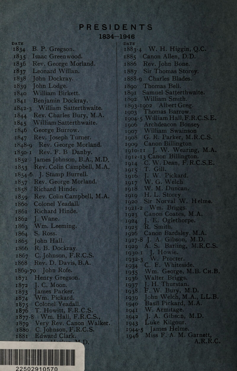 PRESIDENTS 1834-1946 DATE 1834 B. P. Gregson. *835 Isaac Greenwood. 1836 Rev. George Morland. 1837 Leonard Willan. 1838 John Dockray. 1839 John Lodge. 1840 William Birkett. 1841 Benjamin Dockray. 1842-3 William Satterthwaite. 1844 Rev. Charles Bury, M.A. 1845 William Satterthwaite. 1846 George Burrow. 1847 Rev. Joseph Turner. 1848-9 Rev. George Morland. 1850-1 Rev. F. B Danby. 1852 James Johnson, B.A., M.D. 1853 Rev. Colin Campbell, M.A. 1854-6 J. Stamp Burrell. 1857 Rev. George Morland. 1858 Richard Hinde. 1859 Rev. Colin Campbell, M.A. 1860 Colonel Yeadall. 1861 Richard Hinde. 1862 J. Wane. 1863 Wm. Leeming. 1864 S. Ross. 1865 John Hall. 1866 R. B. Dockray. 1867 C. Johnson, F.R.C.S. 1868 Rev. D, Davis, B. A. 1869-70 John Rofe. 1871 Henry Gregson. 1872 J. C. Moon. 1873 James Parker. 1874 Wm. Pickard. 1875 Colonel Yeadall. 1876 T. Howitt, F.R.C.S. 1877-8 Wm. Hall, F.R.C.S., 1879 Very Rev. Canon Walker. 1880 C. Johnson, F.R.C.S. 1881 Edward Clark. _faK&S? tt _m iv/r n DATE 1883-4 W. H. Higgin, Q.C. 1885 Canon Allen, D.D. 1886 Rev. John Bone. 1887 Sir Thomas Storey. 1888-9 Charles Blades. 1890 Thomas Bell. 1891 Samuel Satterthwaite. 1892 William Smith. 1893-1902 Albert Greg. 1903 Thomas Barrow. 1904-5 William Hall, F.R.C.S.E. 1906 Archdeacon Bonsey 1907 William Swainson 1908 G. R. Parker, M.R.C.S. 1909 Canon Billington 1910-11 J. W. Wearing, M.A. 1912-13 Canon Billington. 1914 C. W. Dean, F.R.C.S.E. 1915 T. Gill. 1916 J. VV. Pickard. 1917 W. G. Welch 1918 W. M. Duncan. 1919 H. L. Storey 1920 Sir Norval W. Helme. 1921-2 Wm. Briggs. 1923 Canon Coates, M.A. 1924 J. E. Oglethorpe. 1925 R. Smith. 1926 Canon Bardsley, M.A. 1927-8 J. A. Gibson, M.D. 1929 A. S. Barling, M.R.C.S. I93°'1 J- Howie. 1932-3 W. Procter. 1934 C. E. Whiteside. 1935 Wm. George, M.B. Ch.B. 1936 Walter Briggs. 1937 J. H. Thurstan. 1938 F. W. Bury, M.D. 1939 John Welch, M.A., LL.B. 1940 Basil Pickard, M.A. 1941 W. Armitage. 1942 J. A. Gibscn, M.D. 1943 Luke Kilgour. 1944-5 James Helme. 1946 Miss F. A. M. Garnett, A.R.R.C. 22502910570