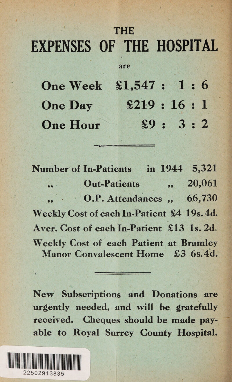 I THE EXPENSES OF THE HOSPITAL One Week One Day One Hour are £1,547 : 1 £219 t 16 £9 s 3 Number of In-Patients in 1944 5,321 ,, Out-Patients ,, 20,061 ,, O.P. Attendances ,, 66,730 Weekly Cost of each In-Patient £4 19s.4d. * Aver. Cost of each In-Patient £13 Is. 2d. ' Weekly Cost of each Patient at Bramley Manor Convalescent Home £3 6s.4d. \ ' ■ 4 ■ - ’ ' ' 1 . ' ' ■ ' ' * New Subscriptions and Donations are * urgently needed, and will be gratefully received. Cheques should be made pay¬ able to Royal Surrey County Hospital.