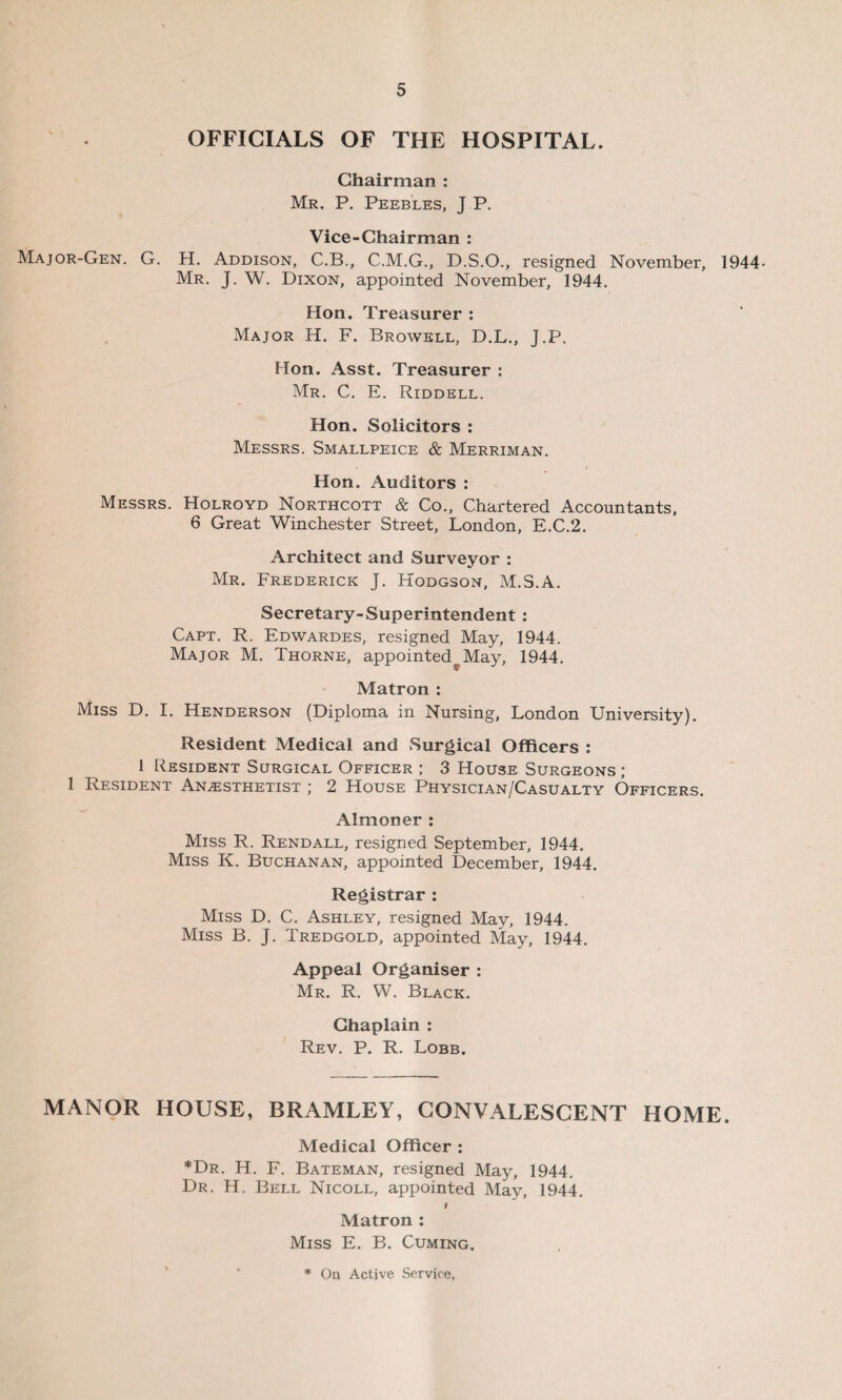 OFFICIALS OF THE HOSPITAL. Chairman : Mr. P. Peebles, J P. Vice-Chairman : Major-Gen. G. H. Addison, C.B., C.M.G., D.S.O., resigned November, 1944- Mr. J. W. Dixon, appointed November, 1944. Hon. Treasurer : Major H. F. Browell, D.L., J.P. Hon. Asst. Treasurer : Mr. C. E. Riddell. Hon. Solicitors : Messrs. Smallpeice & Merriman. Hon. Auditors : Messrs. Holroyd Northcott & Co., Chartered Accountants, 6 Great Winchester Street, London, E.C.2. Architect and Surveyor : Mr. Frederick J. Hodgson, M.S.A. Secretary-Superintendent : Capt. R. Edwardes, resigned May, 1944. Major M. Thorne, appointed May, 1944. Matron : Miss D. I. Henderson (Diploma in Nursing, London University). Resident Medical and Surgical Officers : 1 Resident Surgical Officer ; 3 House Surgeons ; 1 Resident Anesthetist ; 2 House Physician/Casualty Officers. Almoner : Miss R. Rendall, resigned September, 1944. Miss K. Buchanan, appointed December, 1944. Registrar : Miss D. C. Ashley, resigned May, 1944. Miss B. J. Tredgold, appointed May, 1944. Appeal Organiser : Mr. R. W. Black. Chaplain : Rev. P. R. Lobb. MANOR HOUSE, BRAMLEY, CONVALESCENT HOME. Medical Officer : *Dr. H. F. Bateman, resigned May, 1944. Dr. H. Bell Nicoll, appointed May, 1944. t Matron : Miss E. B. Cuming.