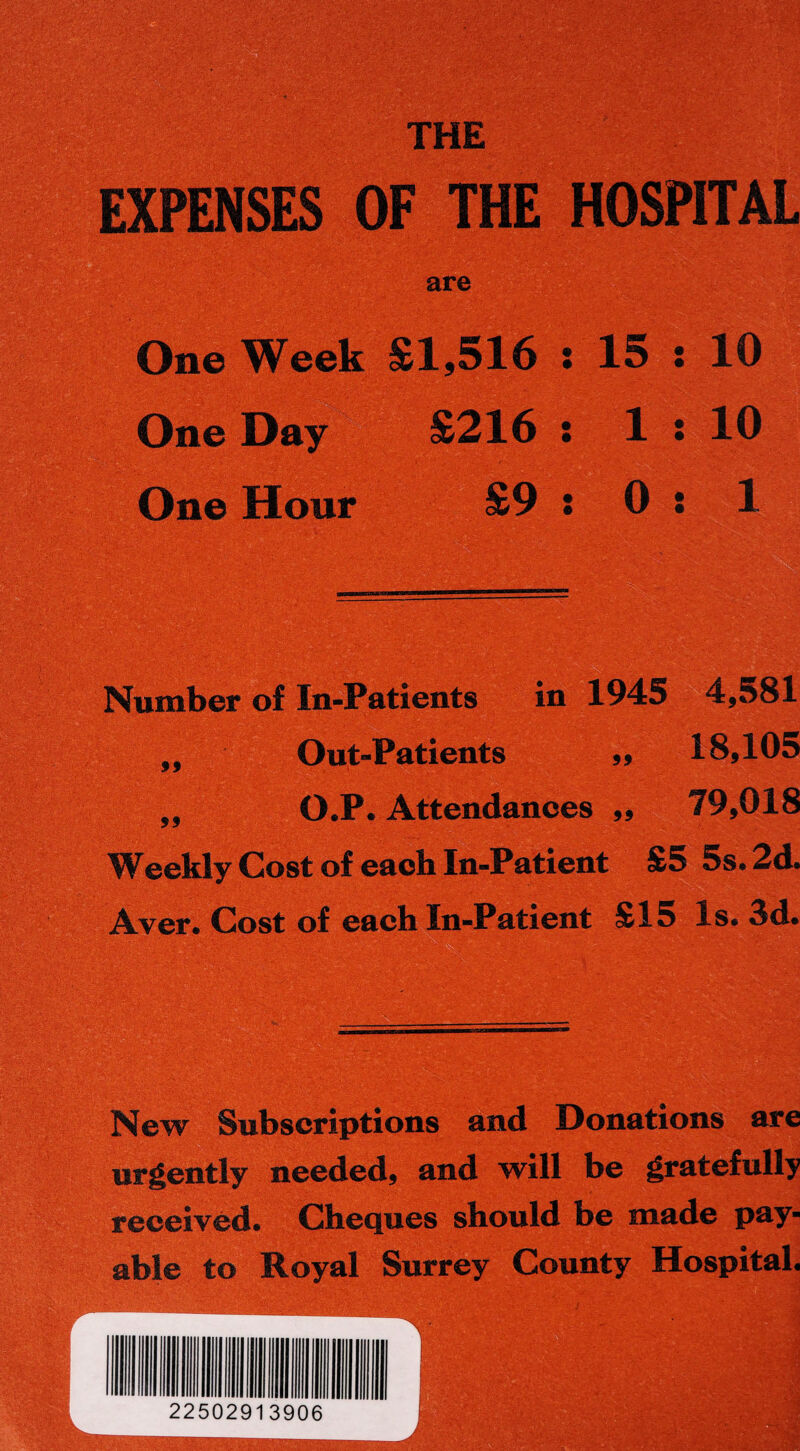 n are EXPENSES OF One Week £1,516 ! 15 ! 10 One Day £216 : Is 10 One Hour £9 s 0 : 1 \ . r:-. • :/ -■ v -•  V - •- V -v-' - • • ••- ; . - Number of In-Patients in 1945 4,581 ,, Out-Patients ,, 18,105 „ O.P. Attendances ,, 79,018 Weekly Cost of each In-Patient £5 5s. 2d. Aver. Cost of each In-Patient £15 Is. 3d. New Subscriptions and Donations are urgently needed, and will be gratefully received. Cheques should be made pay- able to Royal Surrey County Hospital. 22502913906