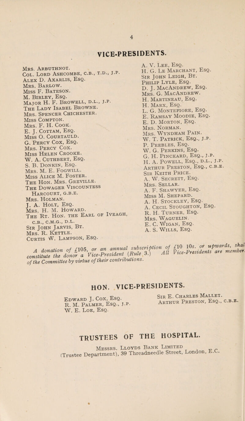 VICE-PRESIDENTS. Mrs. Arbuthnot. Col. Lord Ashcombe, c.b., t.d., j.p. Alex D. Axarlis, Esq. Mrs. Barlow. Miss F. Bateson. M. Birley, Esq. Major H. F. Browell, d.l., j.p. The Lady Isabel Browne. Mrs. Spencer Chichester. Miss Compton. Mrs. F. H. Cook. E. J. Cottam, Esq. Miss O. Courtauld. G. Percy Cox, Esq. Mrs. Percy Cox. Miss Helen Crooke. W. A. Cuthbert, Esq. S. B. Donkin, Esq. Mrs. M. E. Fogwill. Miss Alice M. Foster. The Hon. Mrs. Greville. The Dowager Viscountess Harcourt, g.b.e. Mrs. Holman. J. A. Holt, Esq. Mrs. H. M. Howard. The Rt. Hon. the Earl of Iveagh, C.B., C.M.G., D.L. Sir John Jarvis, Bt. Mrs. R. Kettle. Curtis W. Lampson, Esq. A. V. Lee, Esq, H. G. Le Marchant, Esq. Sir John Leigh, Bt. Philip Lyle, Esq. D. J. MacAndrew, Esq. Mrs. G. MacAndrew. H. Martineau, Esq. H. Marx, Esq. L. G. Montefiore, Esq. E. Ramsay Moodie, Esq. E. D. Morton, Esq. Mrs. Norman. Mrs. Wyndham Pain. W. T. Patrick, Esq., j.p. P. Peebles, Esq. W. G. Perkins, Esq. G. H. Pinckard, Esq., j.p. H. A. Powell, Esq., d.l., j.p. Arthur Preston, Esq., c.b.e. Sir Keith Price. A. W. Secrett, Esq. Mrs. Sellar. A. F. Shawyer, Esq. Miss M. Shepard. A. H. Stockley, Esq. A. Cecil Stoughton, Esq. R. H. Turner, Esq. Mrs. Waguelin. E. C. Wigan, Esq. A. S. Wills, Esq. cons of the Committee by virtue of their contributions. HON. VICE-PRESIDENTS. Edward J. Cox, Esq. R. M. Palmer, Esq., j.p. W. E. Loe, Esq. Sir E. Charles Mallet. Arthur Preston, Esq., c.b.e. TRUSTEES OF THE HOSPITAL. Messrs. Lloyds Bank Limited (Trustee Department), 39 Thread-needle Street, Lon on, *