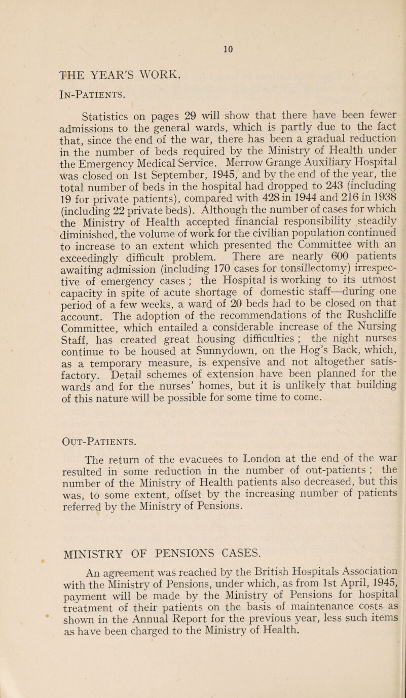 THE YEAR’S WORK. In-Patients. Statistics on pages 29 will show that there have been fewer admissions to the general wards, which is partly due to the fact that, since the end of the war, there has been a gradual reduction in the number of beds required by the Ministry of Health under the Emergency Medical Service. Merrow Grange Auxiliary Hospital was closed on 1st September, 1945, and by the end of the year, the total number of beds in the hospital had dropped to 243 (including 19 for private patients), compared with 428in 1944 and 216 in 1938 (including 22 private beds). Although the number of cases for which the Ministry of Health accepted financial responsibility steadily diminished, the volume of work for the civilian population continued to increase to an extent which presented the Committee with an exceedingly difficult problem. There are nearly 600 patients awaiting admission (including 170 cases for tonsillectomy) irrespec¬ tive of emergency cases ; the Hospital is working to its utmost capacity in spite of acute shortage of domestic staff—during one period of a few weeks, a ward of 20 beds had to be closed on that account. The adoption of the recommendations of the Rushcliffe Committee, which entailed a considerable increase of the Nursing Staff, has created great housing difficulties ; the night nurses continue to be housed at Sunnydown, on the Hog’s Back, which, as a temporary measure, is expensive and not altogether satis¬ factory. Detail schemes of extension have been planned for the wards and for the nurses’ homes, but it is unlikely that building of this nature will be possible for some time to come. Out-Patients. The return of the evacuees to London at the end of the war resulted in some reduction in the number of out-patients ; the number of the Ministry of Health patients also decreased, but this was, to some extent, offset by the increasing number of patients referred by the Ministry of Pensions. MINISTRY OF PENSIONS CASES. An agreement was reached by the British Hospitals Association with the Ministry of Pensions, under which, as from 1st April, 1945, payment will be made by the Ministry of Pensions for hospital treatment of their patients on the basis of maintenance costs as shown in the Annual Report for the previous year, less such items as have been charged to the Ministry of Health.