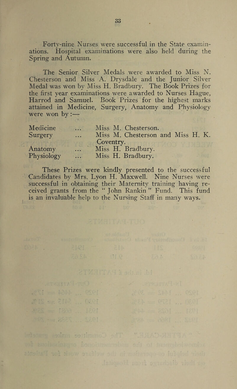 Forty-nine Nurses were successful in the State examin¬ ations. Hospital examinations were also held during the Spring and Autumn. The Senior Silver Medals were awarded to Miss N. Chesterson and Miss A. Drysdale and the Junior Silver Medal was won by Miss H. Bradbury. The Book Prizes for the first year examinations were awarded to Nurses Hague, Harrod and Samuel. Book Prizes for the highest marks attained in Medicine, Surgery, Anatomy and Physiology were won by :— Medicine Surgery Anatomy Physiology Miss M. Chesterson. Miss M. Chesterson and Miss H. K. Coventry. Miss H. Bradbury. Miss H. Bradbury. These Prizes were kindly presented to the successful Candidates by Mrs. Lyon. H. Maxwell. Nine Nurses were successful in obtaining their Maternity training having re¬ ceived grants from the “ John Rankin ” Fund. This fund is an invaluable help to the Nursing Staff in many ways.