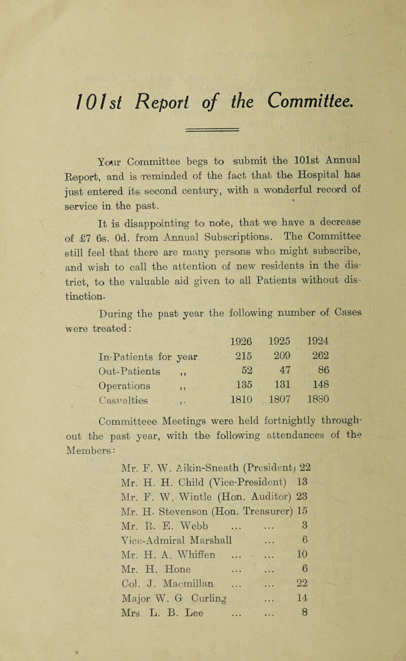 101st Report of the Committee. Your Committee begs to submit the 101st Annual Report, and is reminded of the fact that the Hospital has juist entered its second century, with a wonderful record of service in the past. It is disappointing to note, that we have a decrease of £7 6s, Od. from Annual Subscriptions. The Committee still feel that there are many persons who might subscribe, and wish to call the attention of new residents in the dis¬ trict, to the valuable aid given to all Patients without dis¬ tinction- During the past year the following number of Cases were treated: 1926 1925 1924 In-Patients for year 215 209 262 Out-Patients ,, 52 47 86 Operations ,, 135 131 148 Casualties 1810 1807 1880 Committeee Meetings were held fortnightly through¬ out the past year, with the following attendances of the Members: Mr. F. W. Aikin-Sneath (President; 22 Mr. H. H. Child (Vice-President) 13 Mr. F. W. Wintle (Hon. Auditor) 23 Mr. H- Stevenson (Hon. Treasurer) 15 Mr. R. E. Webb ... ... 3 Vice-Admiral Marshall ... 6 Mr. H. A. Whiffen ... ... 10 Mr. H. Hone ... .!. 6 Col. J. Macmillan . 22 Major W. G Curling ... 14 Mrs. L. B. Lee ... ... 8