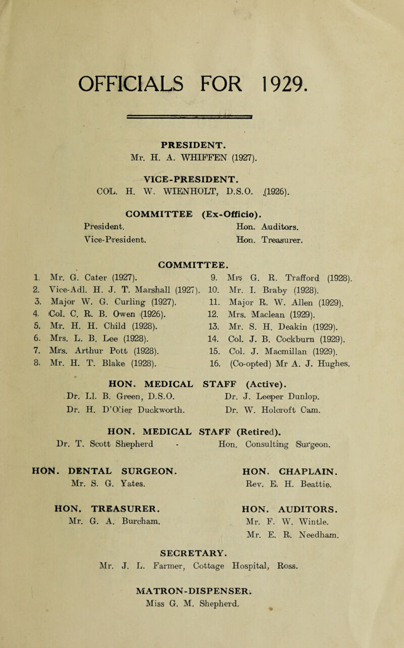 OFFICIALS FOR 1929 PRESIDENT. Mr. H. A. WHIPFEN (1927). VICE-PRESIDENT. COL. H. W. WIENHOLT, D.S.O. .(1926). COMMITTEE (Ex-Officio). President. Hon. Auditors. Vice-President. Hon. Treasurer. COMMITTEE. 1. Mr. G. Cater (1927). 9. Mrs G. R. Trafford (1928) 2. Vice-Adi. H. J. T'. Marshall (1927) . 10. Mr. I. Braby (1928). 3. Major W. G. Curling1 (1927). 11. Major R. W. Allen (1929). 4. Col. C. R. B. Owen (1926). 12. Mrs. Maclean (1929). 5. Mr. H. H. Child (1928), 13. Mr. S. H. Deakin (1929). 6. Mrs. L. B. Lee (1928). 14. Col. J. B. Cockburn (1929). 7. Mrs. Arthur Pott (1928). 15. Col. J. Macmillan (1929). 8. Mr. H. T. Blake (1928). 16. (Co-opted) Mr A. J. Hughes. HON. MEDICAL STAFF (Active). Dr.'Ll. B. Green, D.S.O. Dr. J. Leeper Dunlop. Dr. H. D’Oilier Duckworth. Dr. W. Holoroft Cam. HON. MEDICAL STAFF (Retired). Dr. T. Scott Shepherd Hon. Consulting Surgeon. HON. DENTAL SURGEON. HON. CHAPLAIN. Mr. S. G. Yates. Rev. E. H. Beattie. HON. TREASURER. HON. AUDITORS. Mr. G. A. Burdham. Mr. F. W. Wintle. Mr. E. R. Needham. SECRETARY. Mr. J. L. Farmer, Cottage Hospital, Ross. MATRON-DISPENSER. Miss G. M. Shepherd.