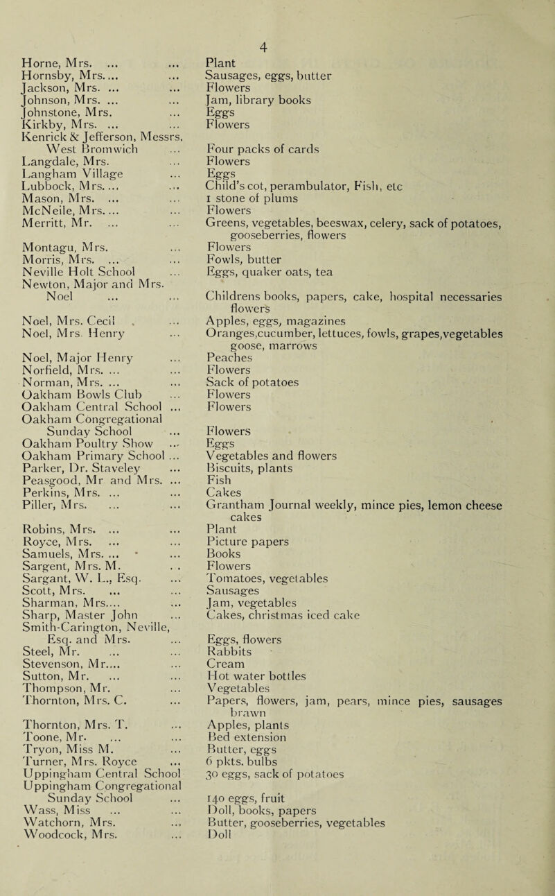 Horne, Mrs. Plant Hornsby, Mrs.... Sausages, eggs, butter Jackson, Mrs. ... Flowers Johnson, Mrs. ... Jam, library books Johnstone, Mrs. Eggs Kirkby, Mrs. ... Kenrick & Jefferson, Messrs. West Bromwich Flowers Four packs of cards Langdale, Mrs. Flowers Langham Village Eggs Lubbock, Mrs.... Child’s cot, perambulator, Fish, etc Mason, Mrs. I stone of plums McNeile, Mrs.... Flowers Merritt, Mr. ... Greens, vegetables, beeswax, celery, sack of potatoes, gooseberries, flowers Montagu, Mrs. Flowers Morris, Mrs. Fowls, butter Neville Holt School Newton, Major and Mrs. Eggs, quaker oats, tea Noel ' ... Childrens books, papers, cake, hospital necessaries flowers Noel, Mrs. Cecil Apples, eggs, magazines Oranges,cucumber, lettuces, fowls, grapes,vegetables goose, marrows Noel, Mrs. Henry Noel, Major Henry Peaches Norfield, Mrs. ... Flowers Norman, Mrs. ... Sack of potatoes Oakham Bowls Club Flowers Oakham Central School ... Flowers Oakham Congregational , Sunday School Flowers Oakham Poultry Show Eggs Oakham Primary School ... Vegetables and flowers Parker, Dr. Staveley Biscuits, plants Peasgood, Mr and Mrs. ... Fish Perkins, Mrs. ... Cakes Piller, Mrs. Grantham Journal weekly, mince pies, lemon cheese cakes Robins, Mrs. ... Plant Royce, Mrs. Picture papers Samuels, Mrs. ... Books Sargent, Mrs. M. Flowers Sargant, W. L.. Esq. Tomatoes, vegetables Scott, Mrs. Sausages Sharman, Mrs.... Jam, vegetables Sharp, Master John Smith-Carington, Neville, Cakes, Christmas iced cake Esq. and Mrs. Eggs, flowers Steel, Mr. Rabbits Stevenson, Mr.,.. Cream Sutton, Mr. Hot water bottles Thompson, Mr. Vegetables Thornton, Mrs. C. Papers, flowers, jam, pears, mince pies, sausages brawn Thornton, Mrs. T. Apples, plants Toone, Mr. Bed extension Tryon, Miss M. Butter, eggs Turner, Mrs. Royce 6 pkts. bulbs Uppingham Central School Uppingham Congregational 30 eggs, sack of potatoes Sunday School 140 eggs, fruit Wass, Miss Doll, books, papers Butter, gooseberries, vegetables Watchorn, Mrs. Woodcock, Mrs. Doll