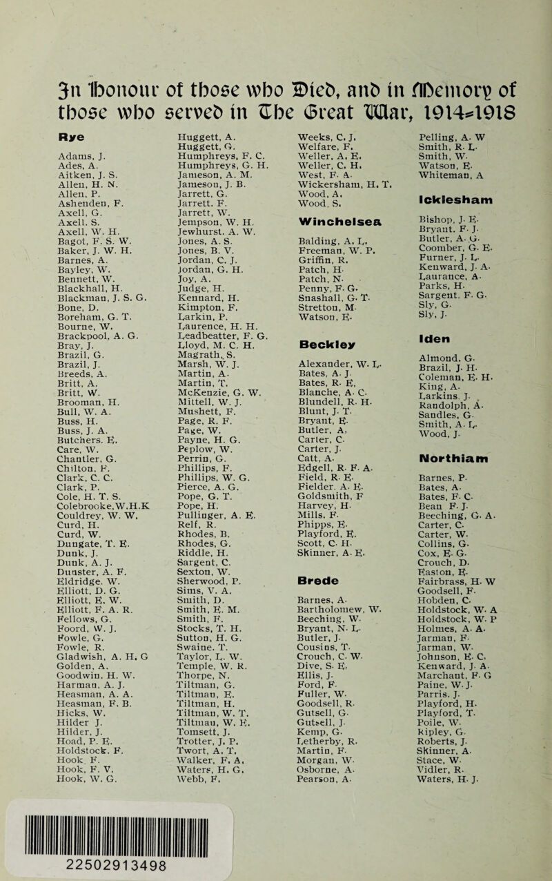 3n Ibonoui' of tbose wbo Dteb, anb in flDemon? of tbose wbo serveb in flbe Great Mar, 1914*1918 Rye Adams, J. Ades, A. Aitken, J. S. Allen, H. N. Allen, P. Ashen den, F. Axell, G. Axell. S. Axell, W. H. Bagot, F. S. W. Baker, J. W. H. Barnes, A. Bay ley, W. Bennett, W. Blackhall, H. Blackman, J. S. G. Bone, D. Boreham, G. T. Bourne, W. Brackpool, A. G. Bray, J. Brazil, G. Brazil, J. Breeds, A. Britt, A. Britt, W. Brooman, H. Bull, W. A. Buss, H. Buss, J. A. Butchers. F. Care, W. Chantler, G. Chilton, B'. Clark, C. C. Clark, P. Cole, H. T. S. Colebrooke.W.H.K Couldrey, W. W, Curd, H. Curd, W. Dungate, T. E- Dunk, J. Dunk, A. J. Dunster, A. F. Eldridge, W. Elliott, D. G. Elliott, E. W. Elliott, F. A. R. Fellows, G. Foord, VV. J. Powle, G. Fowle, R. Gladwish, A. H. G Golden, A. Goodwin. H. W. Harman, A. J. Heasman, A. A. Heasman, F. B. Hicks. W. Hilder J. Hilder, J. Hoad, P. E- Holdstock. F. Hook F. Hook, F. V. Hook, W. G. Huggett, A. Huggett, G. Humphreys. F. C. Humphreys, G. H. Jameson, A. M. Jameson, J. B. Jarrett, G. Jarrett. F. Jarrett, W. Jempson, W. H. Jewhurst. A. W. Jones, A. S. Jones, B. V. Jordan, C. J. Jordan, G. H. Joy, A. Judge, H. Kennard, H. Kimpton, F. Earkin, P. Eaurence, H. H. Eeadbeatter, F. G. Eloyd, M. C. H. Magrath, S. Marsh, W. J. Martin, A. Martin, T. McKenzie, G, W. Mittell. W. J. Mushett, F. Page, R. F. Page, W. Payne, H. G. Peplow, W. Perrin, G. Phillips, F. Phillips, W. G. Pierce, A. G. Pope, G. T. Pope, H. Pullinger, A. E- Relf, R. Rhodes, B. Rhodes, G. Riddle, H. Sargent, C. Sexton, W. Sherwood, P. Sims, V. A. Smith, D. Smith, E. M. Smith, F. Stocks, T. H. Sutton, H. G. Swaine. T. Taylor, E- W. Temple, W. R. Thorpe, N. Tiltman, G. Tiltman, E. Tiltman, H. Tiltman, W. T. Tiltman, W. PE Tomsett, J. Trotter, J. P. Twort, A. T. Walker, F. A. Waters, H. G. Webb, F. Weeks, C. J. Welfare, F. Weller. A. E. Weller, C. H. West, F. A. Wickersham, H. T. Wood, A. Wood. S. Winchelsea Balding, A. E* Freeman, W. P. Griffin, R. Patch, H- Patch,N- Penny, F. G- Snashall, G- T- Stretton, M- Watson, E- Beckley Alexander, W. E' Bates, A- J. Bates, R. E, Blanche, A- C- Blundell, R. H- Blunt, J. T. Bryant, E- Butler, A, Carter, C- Carter, J. Catt, A. Edgell, R. F. A. Field, R. E- Fielder. A- E- Goldsmith, F Harvey, H- Mills. F. Phipps, E- Playford, E- Scott, C H. SKinuer, A. E- Brede Barnes, A. Bartholomew, W. Beeching, W- Bryant, N. E- Butler, J. Cousins, T. Crouch, C- W. Dive, S- E> Ellis, J. Ford, F Fuller, W. Goodsell, R. Gutsell, G- Gutsell, J. Kemp, G. Eetherby, R. Martin, F. Morgan, W- Osborne, A. Pearson, A- Pelling, A. W Smith, R. L- Smith, W- Watson, E- Whiteman, A IckSesham Bishop, J- E- Bryant. F. J. Butler, A. G. Coomber, G. E- Furner, J- E- Keuward, J. A. Eaurance, A- Parks, H. Sargent, F- G- Sly, G- Sly. J. Iden Almond. G. Brazil, J. H. Coleman, E' H. King,A. Earkins. J. Randolph, A. Sandies, G Smith, A. E- Wood, J. Northiam Barnes, P- Bates, A. Bates, F- C- Bean F. J. Beeching, G. A- Carter, C- Carter, W. Collins, G. Cox, E- G. Crouch,D. Easton, E- Fairbrass, H. W Goodsell, F. Hobden, C Holdstock, W. A Holdstock, W. P Holmes, A. A. Jarman, F. Jarman, W- Johnson, E- C. Kenward, J- A. Marchant, F- G Paine, W- J. Parris. J. Playford, H. Playford, T. Poile, W. kipley, G. Roberts, J. SKinner, A. Stace, W. Vidler, R. Waters, H. J. 22502913498