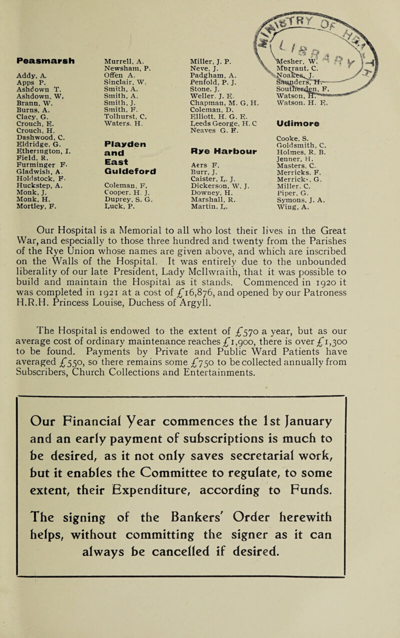 Peasmarsh Murrell, A. Miller, J. P. Newsham, P. Neve, J. Addy, A. Offen A. Padgham, A. Apps P. Sinclair, W. Penfold, P. J. Ashdown T. Smith, A. Stone. J. Ashdown, W. Smith, A. Weller. J. E. Brann, W. Smith, J. Chapman, M. G, H. Burns, A. Smith, F. Coleman, D. Clacy, G. Tolhurst, C. Elliott. H. G. E. Crouch,E. Waters. H. Feeds George, H. C Crouch,H. Dashwood, C. Eldridge. G. Playden Neaves G. F. Etheriugton, I. and Rye Harbour Field. R. Furminger F. East Aers F. Gladwish, A. Guldeford Burr, J. Holdstock, F. Caister, F. J. Huckstep, A. Coleman, F. Dickerson, W. J. Monk, J. Cooper. H. J. Downey, H. Monk, H. Duprey, S. G. Marshall, R. Mortley, F. Luck, P. Martin. F. 1 c / \ ? » R ^fesher. W. trrant. C. Noake&^J. Saunders? Soutlier4gn, F. Watson, Watson. H. K. Udimore Cooke, S. Goldsmith, C. Holmes, R. B. Jenner, H. Masters, C. Merricks. F. Merrick^. G. Miller. C. Piper. G. Symons, J. A. Wing, A. Our Hospital is a Memorial to all who lost their lives in the Great War, and especially to those three hundred and twenty from the Parishes of the Rye Union whose names are given above, and which are inscribed on the Walls of the Hospital. It was entirely due to the unbounded liberality of our late President, Lady Mcllwraith, that it was possible to build and maintain the Hospital as it stands. Commenced in 1920 it was completed in 1921 at a cost of £16,876, and opened by our Patroness H.R.H. Princess Louise, Duchess of Argyll. The Hospital is endowed to the extent of £570 a year, but as our average cost of ordinary maintenance reaches £1,900, there is over £1,300 to be found. Payments by Private and Public Ward Patients have averaged £550, so there remains some £750 to be collected annually from Subscribers, Church Collections and Entertainments. Our Financial Year commences the 1st January and an early payment of subscriptions is much to be desired, as it not only saves secretarial work, but it enables the Committee to regulate, to some extent, their Expenditure, according to Funds. The signing of the Bankers' Order herewith helps, without committing the signer as it can always be cancelled if desired.