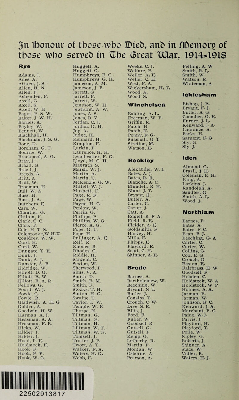 3n Ibonour of tboee wbo 2>ieb, anb in flbeinotT of tbose wbo serveb tit fTbe tBreat Mar, 1914*1918 Rye Adams, J. Ades, A. Aitken, J. S. Allen, H. N. Allen, P. Ashenden, F. Axell, G. Axell. S. Axell, W. H. Bagot, F. S. W. Baker, J. W. H. Barnes, A. Bayley, W. Bennett, W. Blackhall, H. Blackman, J. S. G. Bone, D. Boreham, G. T. Bourne, W. Brackpool, A. G. Bray, J. Brazil, G. Brazil, J. Breeds, A. Britt, A. Britt, W. Brooman, H. Bull. W. A. Buss, H. Buss, J. A. Butchers, F. Care, W. Chantler, G. Chilton, F. Clark, C. C. Clark, P. Cole, H. T. S. Colebrooke.W.H.K Couldrey, W. W, Curd, H. Curd, W. Dungate, T. E. Dunk, J. Dunk, A. J. Dunster, A. F. Eldridge, W. Elliott, D. G. Elliott, E. W. Elliott, F. A. R. Fellows, G. Foord, W. J. Powle, G. Fowle, R. Gladwish, A. H. G Golden, A. Goodwin. H. W. Harman, A. J. Heasman, A. A. Heasman, F. B. Hicks, W. Hilder J. Hilder, J. Hoad, P. E. Holdstock. F. Hook F. Hook, F. V. Hook, W. G. Huggett, A. Huggett, G. Humphreys, F. C. Humphreys, G. H. Jameson, A. M. Jameson, J. B. Jarrett, G. Jarrett. F. Jarrett, W. Jempson, W. H. Jewhurst. A. W. Jones, A. S. Jones, B. V. Jordan, C. J. Jordan, G. PI. Joy, A. Judge, H. Kenuard, H. Kimpton. F. Earkin, P. Eaurence, H. H. Eeadbeatter, F. G. Eloyd, M. C. H. Magrath, S. Marsh, W. J. Martin, A. Martin, T. McKenzie, G. W. Mittell, W. J. Mushett, F. Page, R. F. Page, W. Payne, H. G. Peplow, W. Perrin, G. Phillips, F. Phillips, W. G. Pierce, A. G. Pope, G. T. Pope, H. Pullinger, A. E. Relf, R. Rhodes, B. Rhodes, G. Riddle, H. Sargent, C. Sexton, W. Sherwood, P. Sims, V. A. Smith, D. Smith, E. M. Smith, F. Stocks, T. H, Sutton, H. G. Swaine. T. Taylor, E. W. Temple, W. R. Thorpe, N. Tiltmau, G. Tiltman, E. Tiltman, H. Tiltman, W. T. Tiltman, W. E. Tomsett, J. Trotter, J. P, Twort, A. T. Walker, F. A. Waters. H. G. Webb, F. Weeks, C. J. Welfare, F. Weller, A. E. Weller, C. H. West, F. A. Wickersham, H. T. Wood. A. Wood, S, Winchelsea Balding, A. E. Freeman, W. P, Griffin, R. Patch, H- Patch, N- Penny, F. G- Snashall, G- T- Stretton, M- Watson, E- Beckley Alexander, W. E- Bates, A- J Bates, R- E, Blanche, A- C. Blundell, R. H- Blunt, J. T. Bryant, E' Butler, A, Carter, C. Carter, J. Catt, A. Edgell, R. F. A. Field, R. E- Fielder. A- E- Goldsmith, F Harvey, H. Mills. F. Phipps, E- Playford, E. Scott, C- H. SKinner, A- E- Brede Barnes. A- Bartholomew, W. Beeching, W. Bryant, N. E- Butler, J- Cousins, T. Crouch, C. W. Dive, S- E. Ellis, J. Ford, F- Fuller, W. Goodsell, R. Gutsell, G- Gutsell, J. Kemp, G. Eetherby, R. Martin, F- Morgan, W- Osborne, A. Pearson, A- Pelling, A. W Smith, R. L- Smith, W. Watson, E- Whiteman, A Ickiesham Bishop, J- E- Bryant. F. J. Butler, A. G- Coomber, G. E- Furner, J. L. Kenward, J- A- Eaurance, A- Parks, H- Sargent, F- G- Sly, G- Sly, J. Iden Almond. G- Brazil, J. H- Coleman, E- H. King, A. Earkins. J. Randolph, A. Sandies, G Smith, A. E- Wood, J. Northiam Barnes, P- Bates, A. Bates, F. C- Bean F. J. Beeching, G- A. Carter, C- Carter, W. Collins, G. Cox, E- G. Crouch, D. Easton, E- Fairbrass, H. W Goodsell, F. Hobden, C- Holdstock, W- A Holdstock, W. P Holmes, A. A. Jarman, F- Jarman, W- Johnson, E- C. Kenward, J- A- March ant, F. G Paine, W- J. Parris. J- Playford, H- Playford, T. Poile, W. Ripley, G- Roberts, J- SKinner, A- Stace, W. Tidier, R- Waters, H. J. 22502913817
